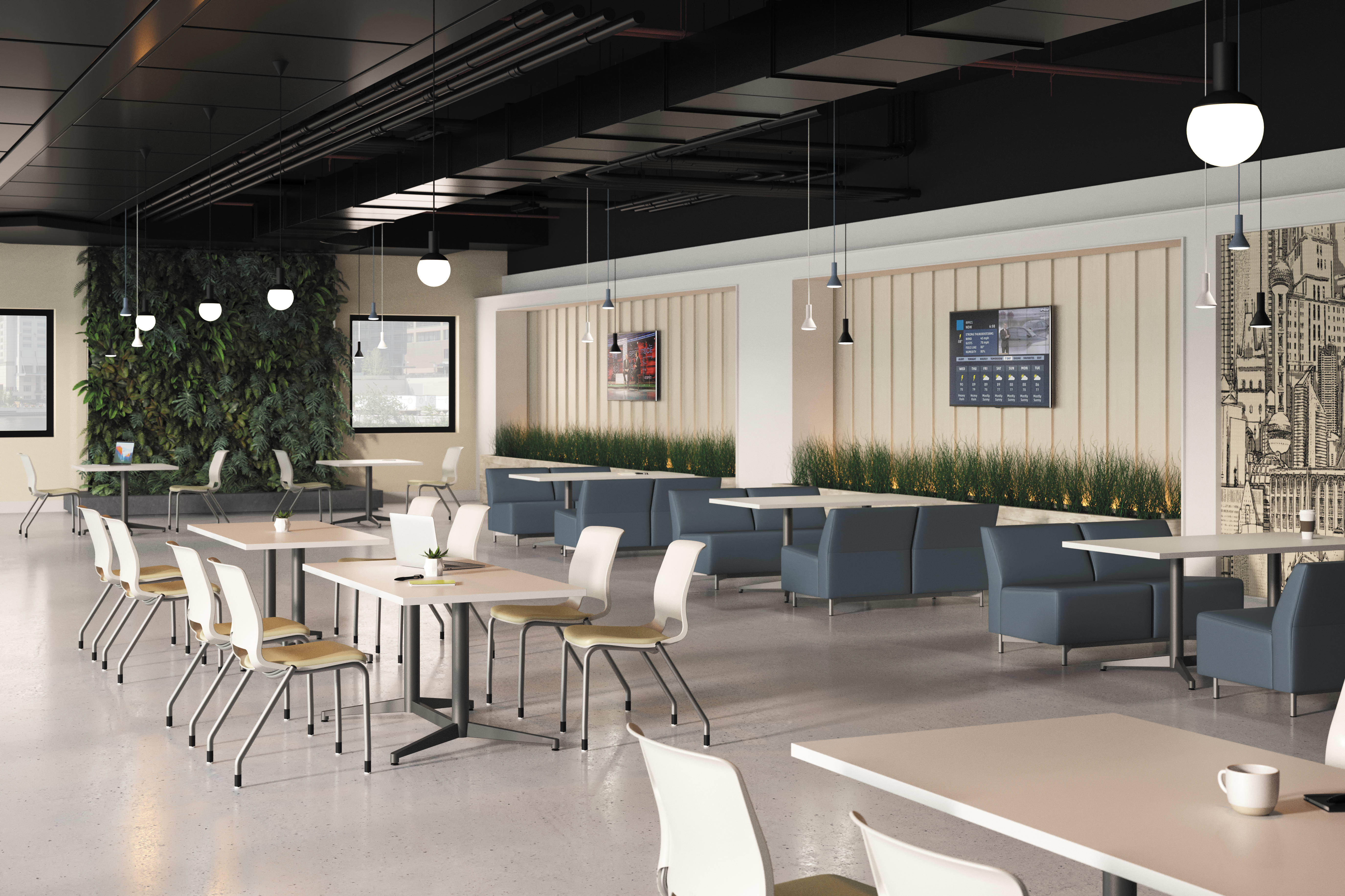 A modern and minimalist cafe or restaurant interior with wooden tables, gray chairs, and potted plants, set against a backdrop of exposed ceiling beams and lighting fixtures.