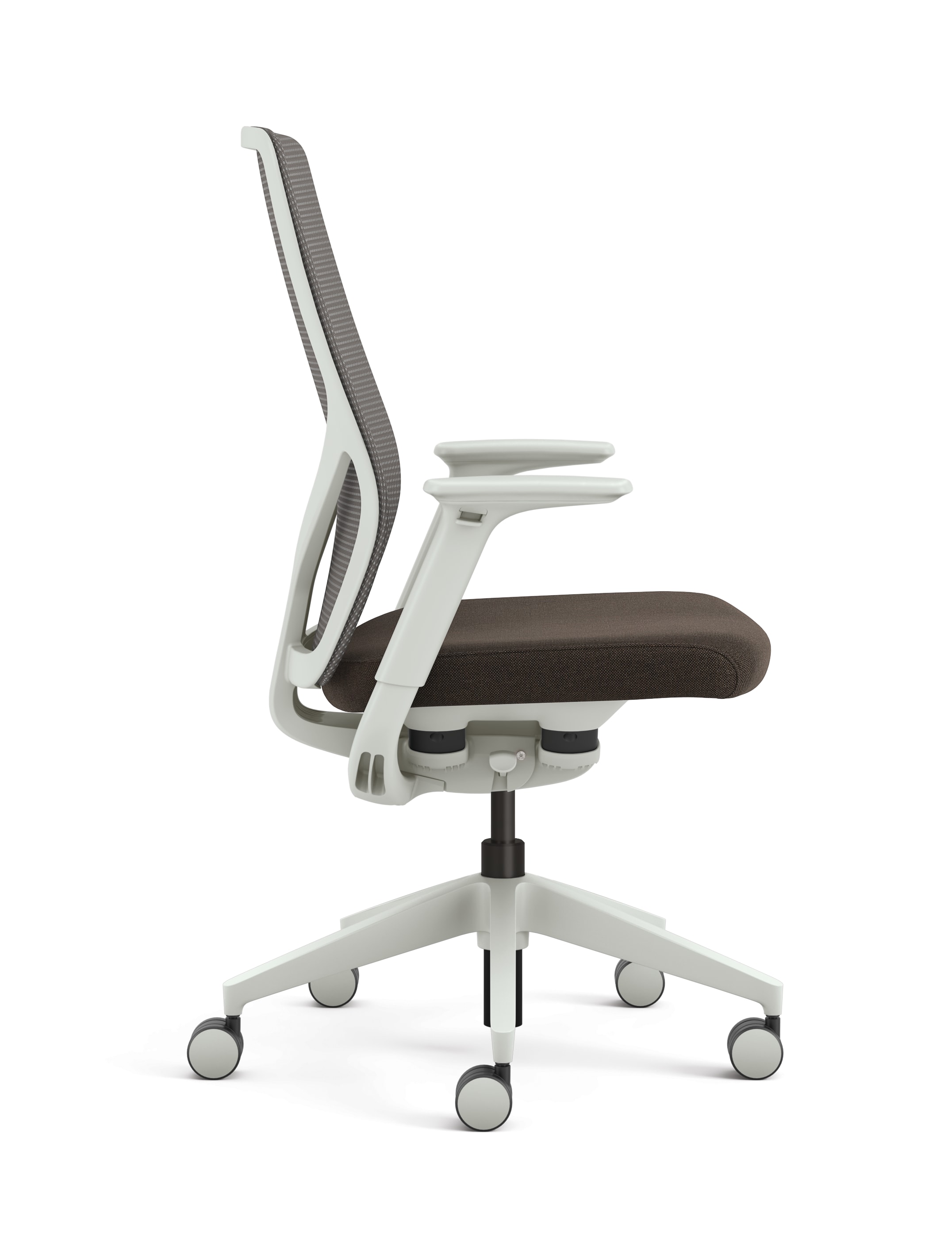 Right side view of HON Flexion chair with Brown seat fabric and Salt frame.