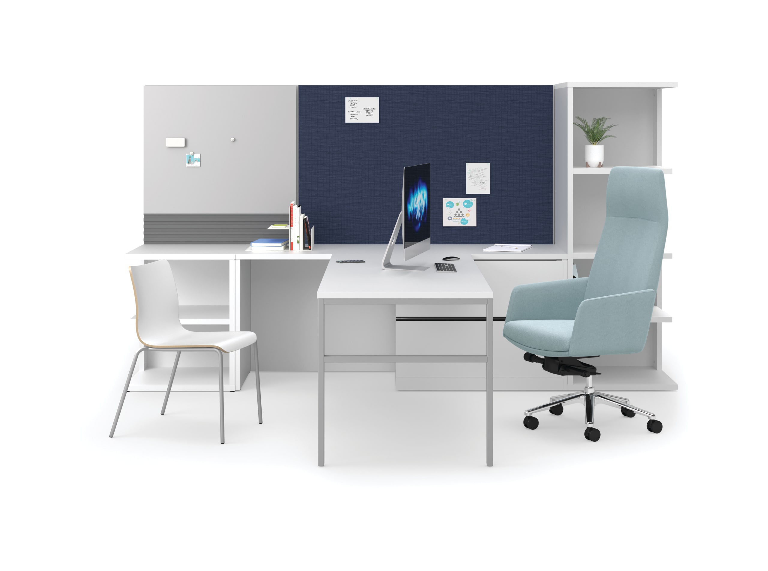 10500 Series Desk with Workwall tiles and Ruck and Mav Seating