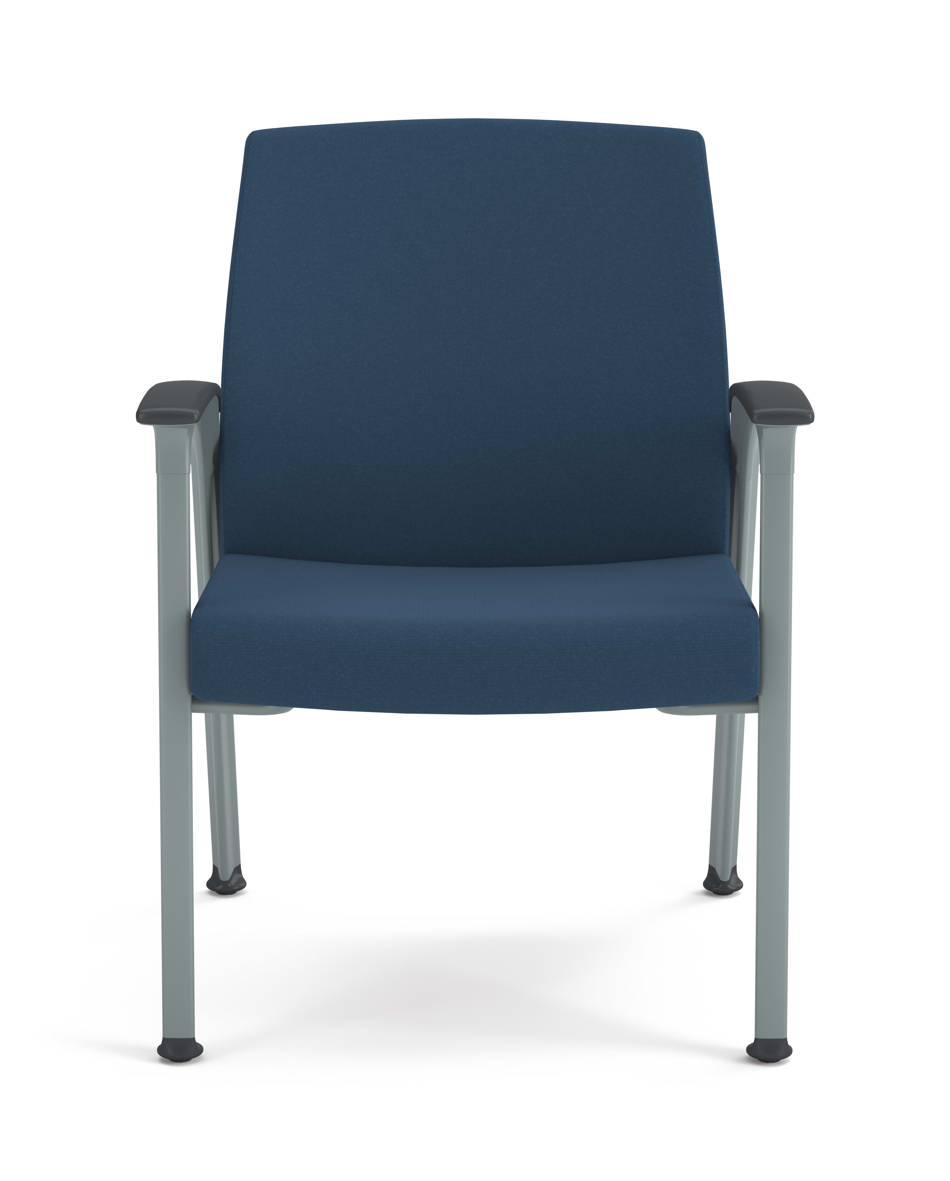 Blue cushioned guest chair with textured fabric, metal frame, and integrated armrests, designed for modern office or waiting areas.