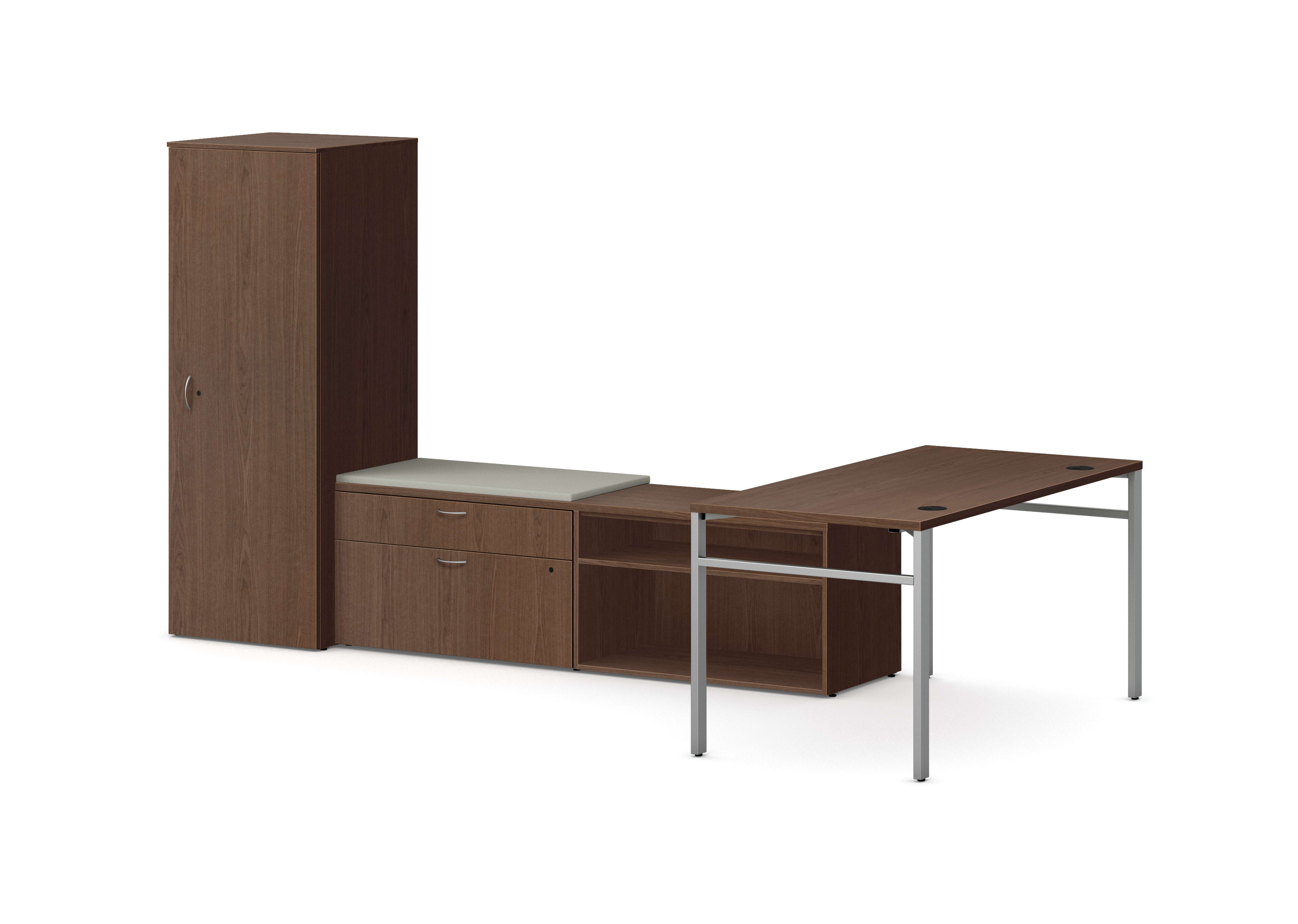 Mod L-Station Desk with Personal Storage Tower in Slate Teak with Silver Legs
