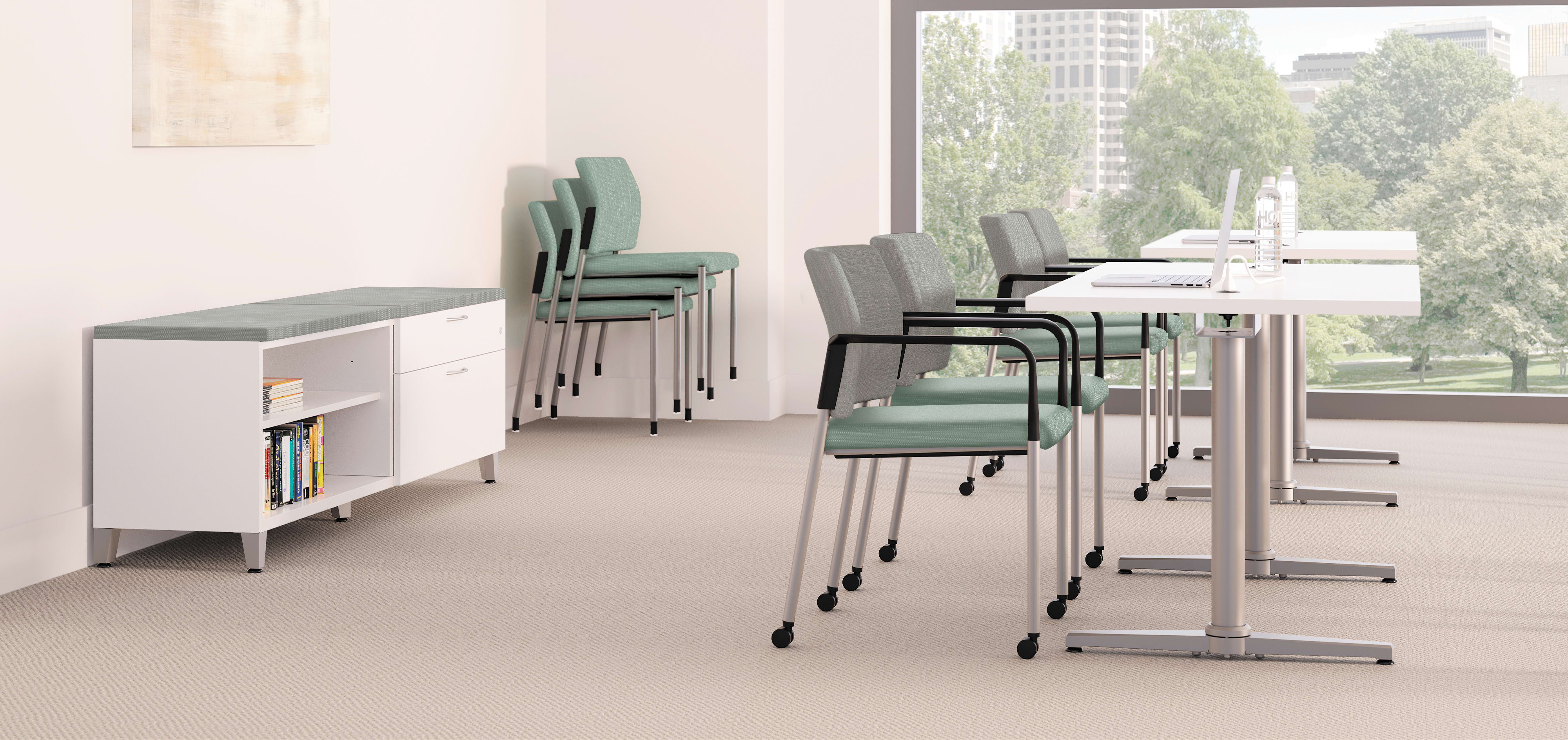 A modern, minimalist office space with a storage unit, rolling chairs, and a view of the outdoors through a large window.