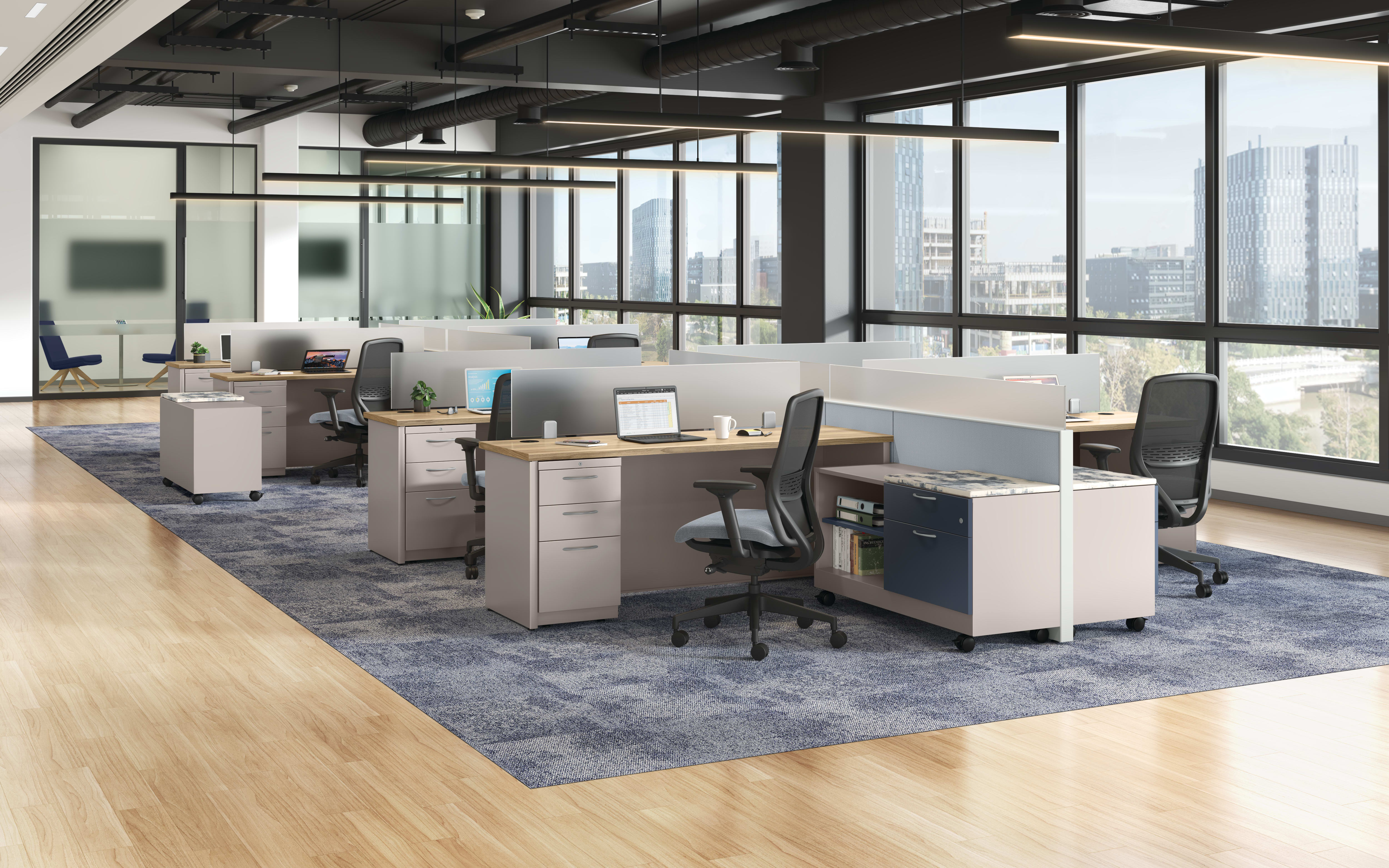 An open plan Abound cubicle layout with Nucleus task seating and Contain storage options.