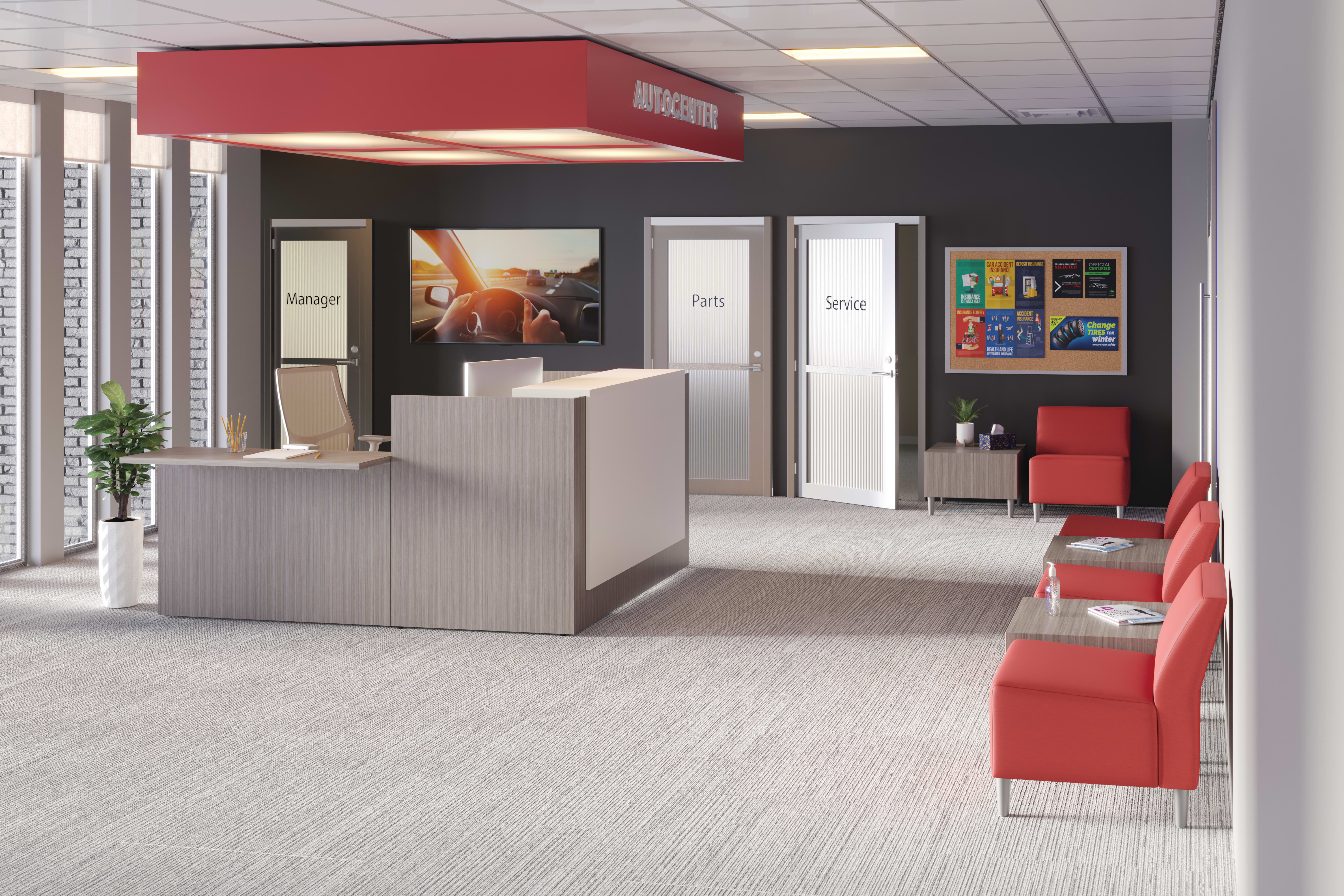 10500 Reception Station with Flock Chairs and Tables.