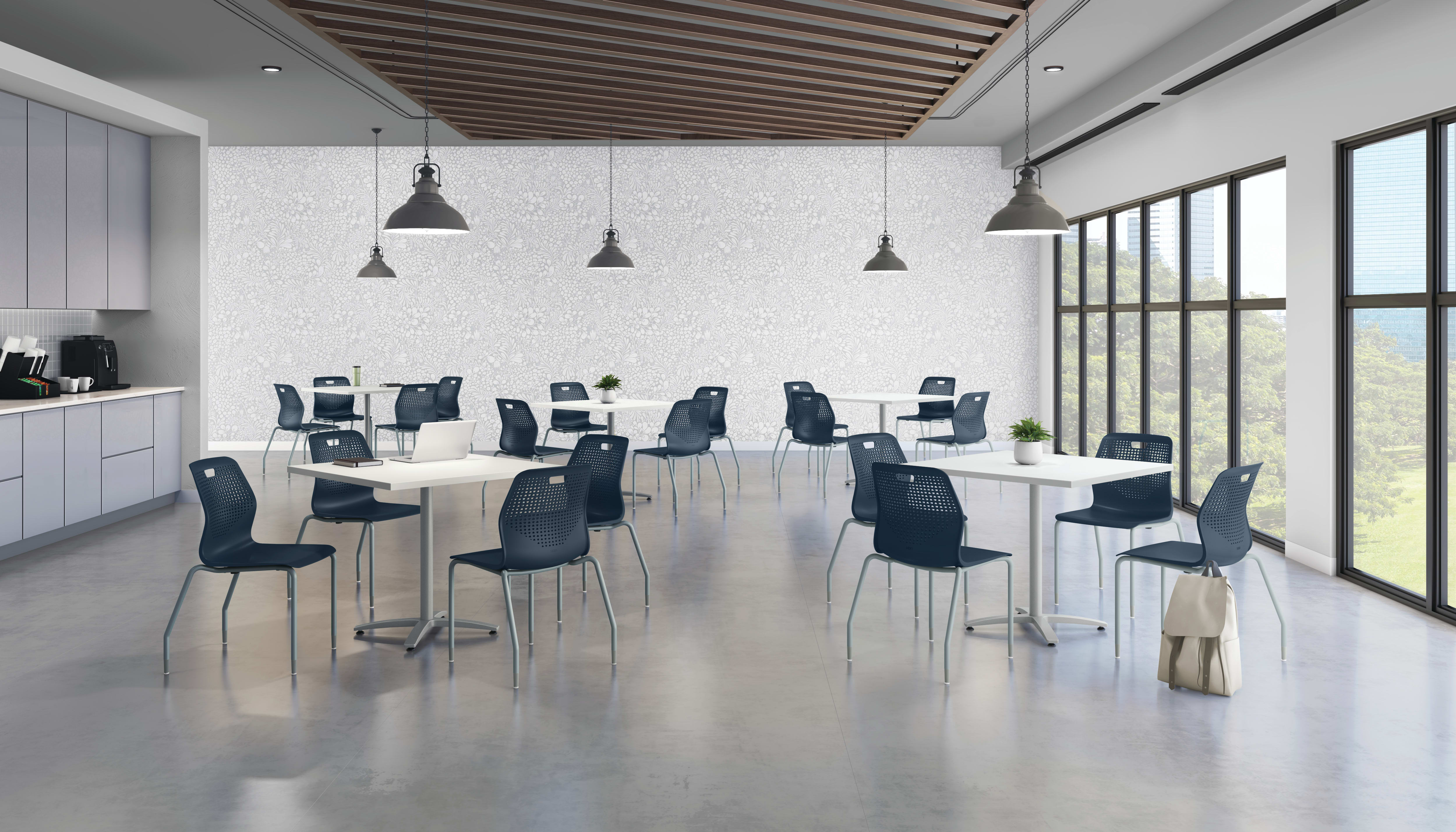 A modern, minimalist office space with sleek black chairs and desks arranged in a collaborative setup, illuminated by pendant lamps and surrounded by large windows providing natural light.