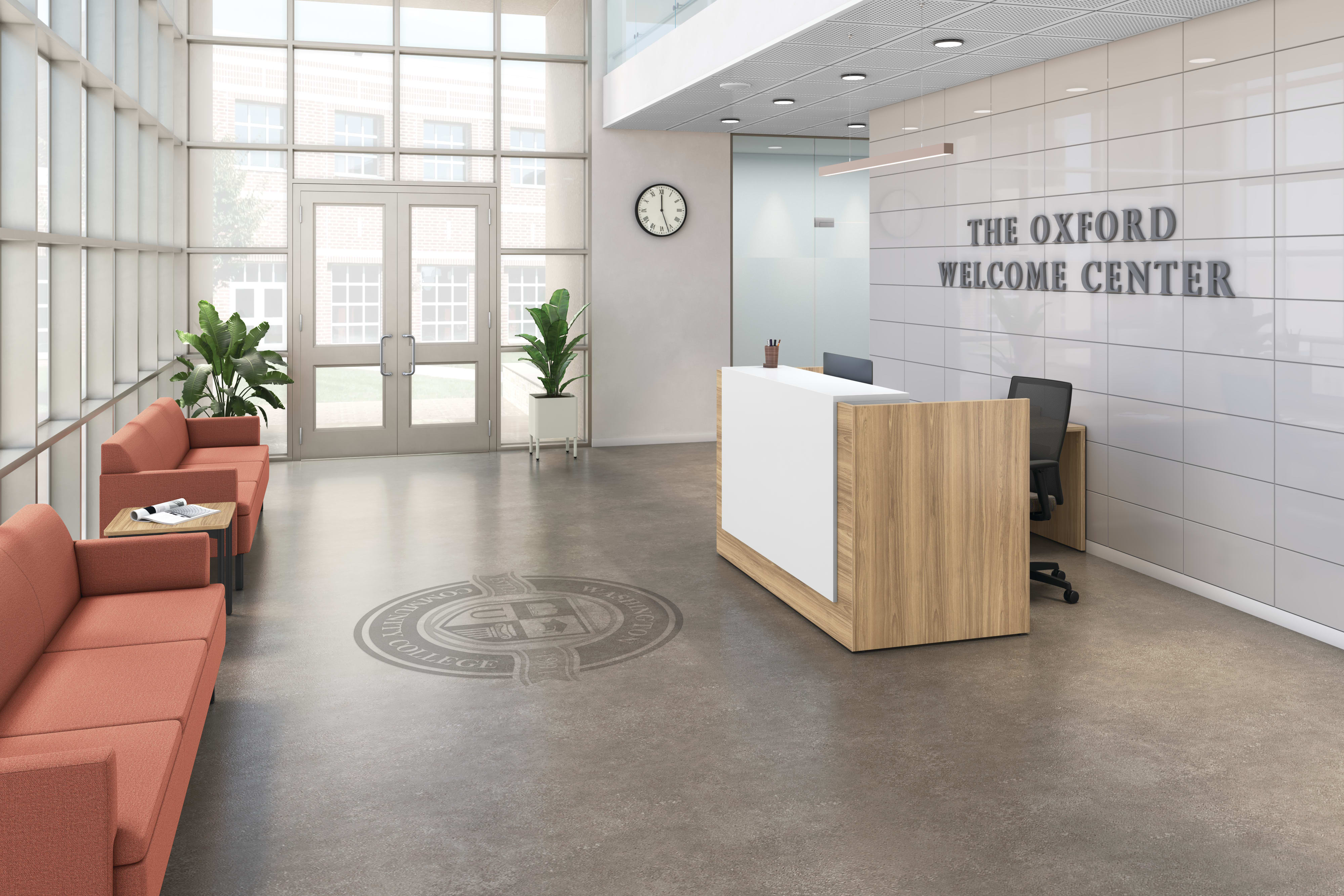 An administrative reception area featuring a 10500 Series reception station and Astir seating.