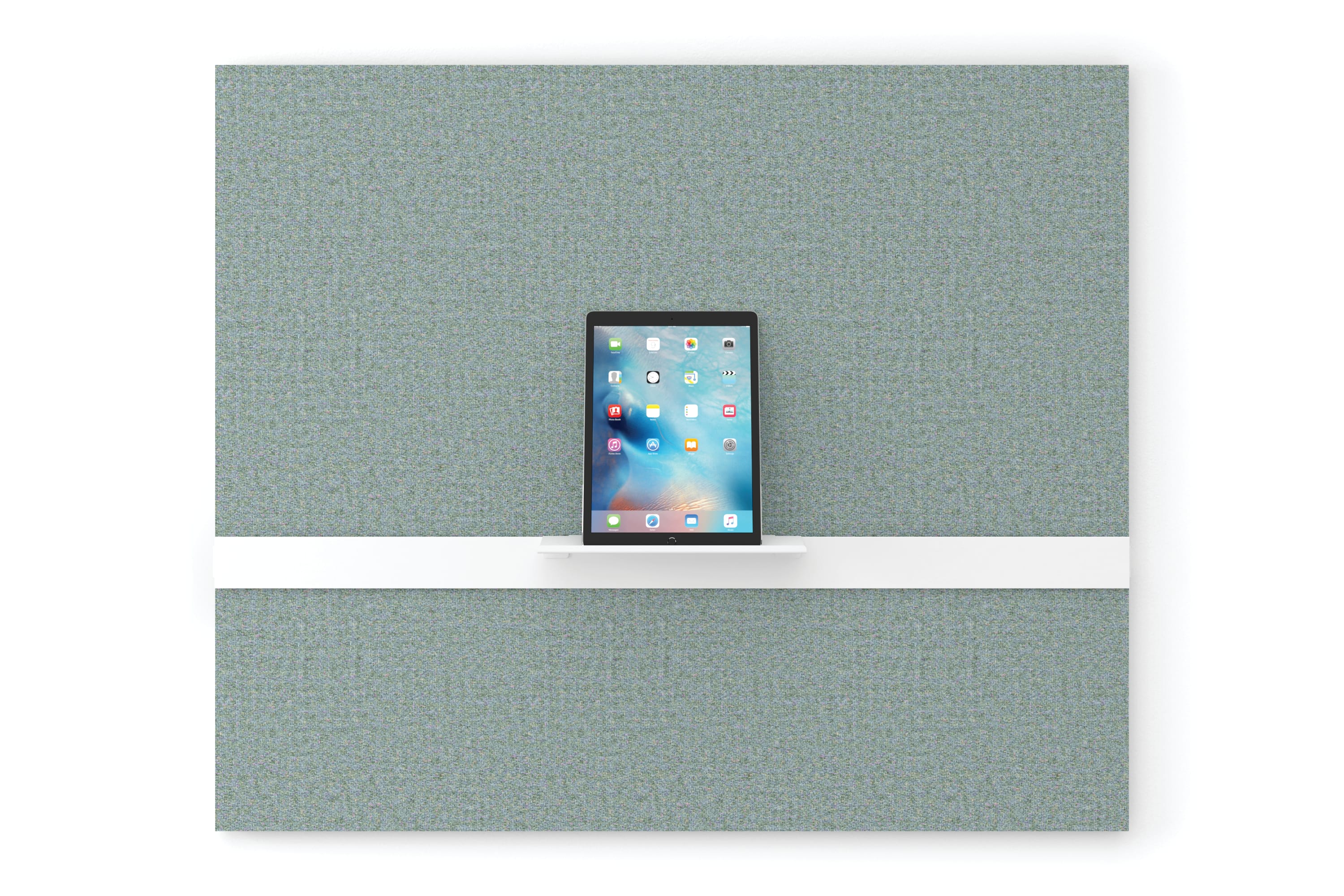 Workwall fabric tile with tool rail and small shelf.