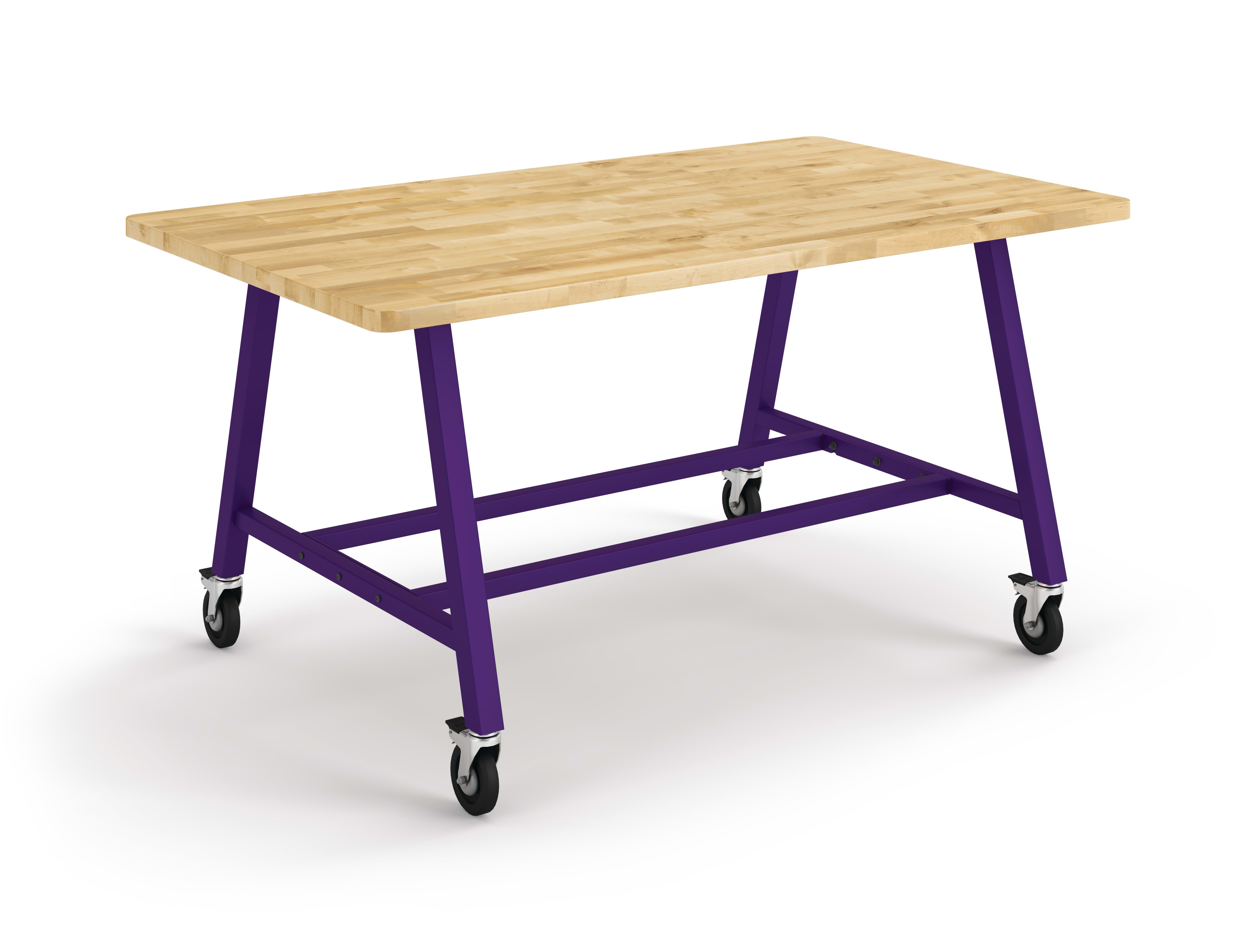 Right 3/4 View of Butcher Block Counter-Height Build Table with Purple Legs 