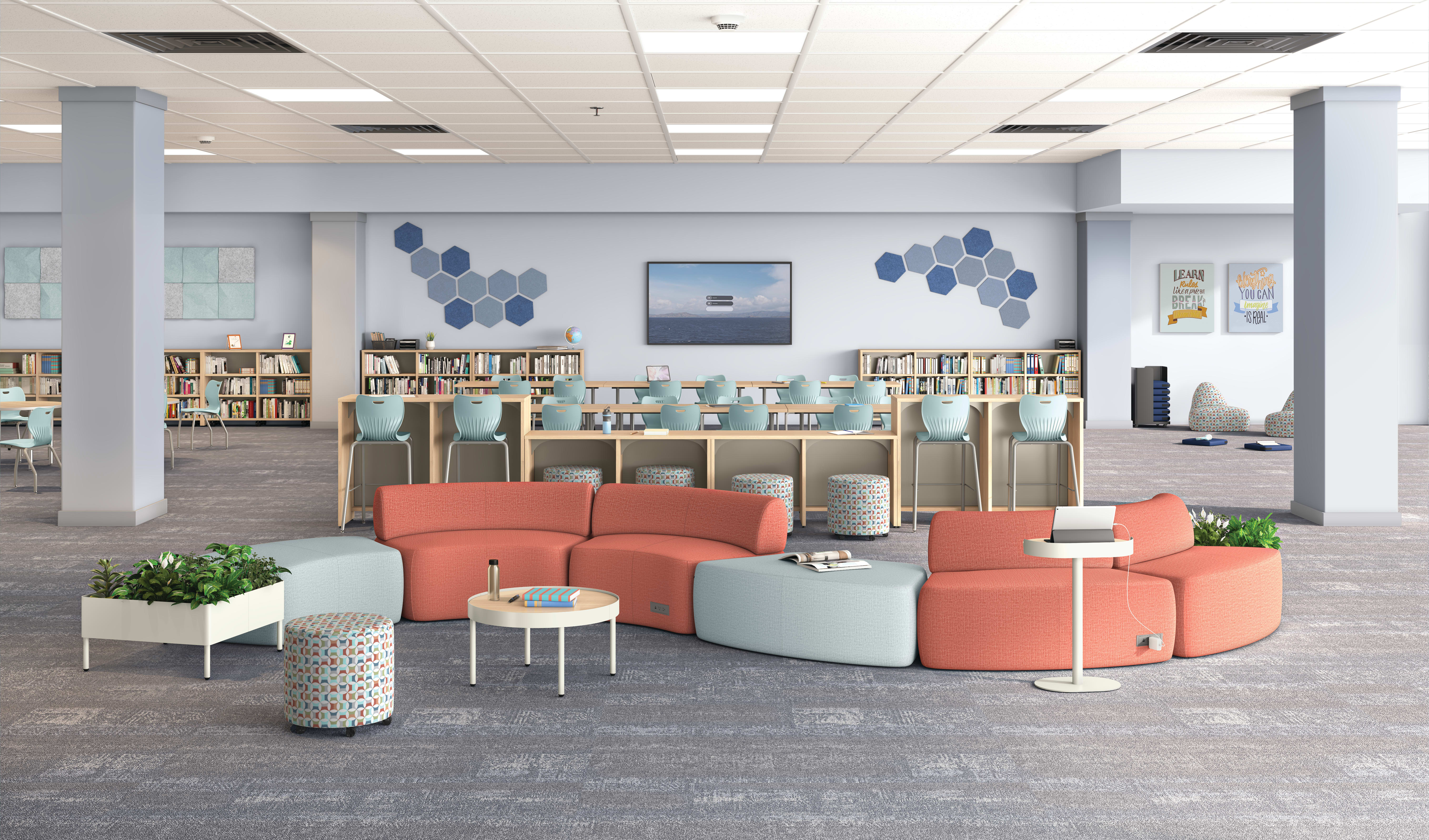 A modern and inviting library or study space with comfortable seating arrangements, bookshelves, and decorative elements in a color palette of blues, grays, and coral.