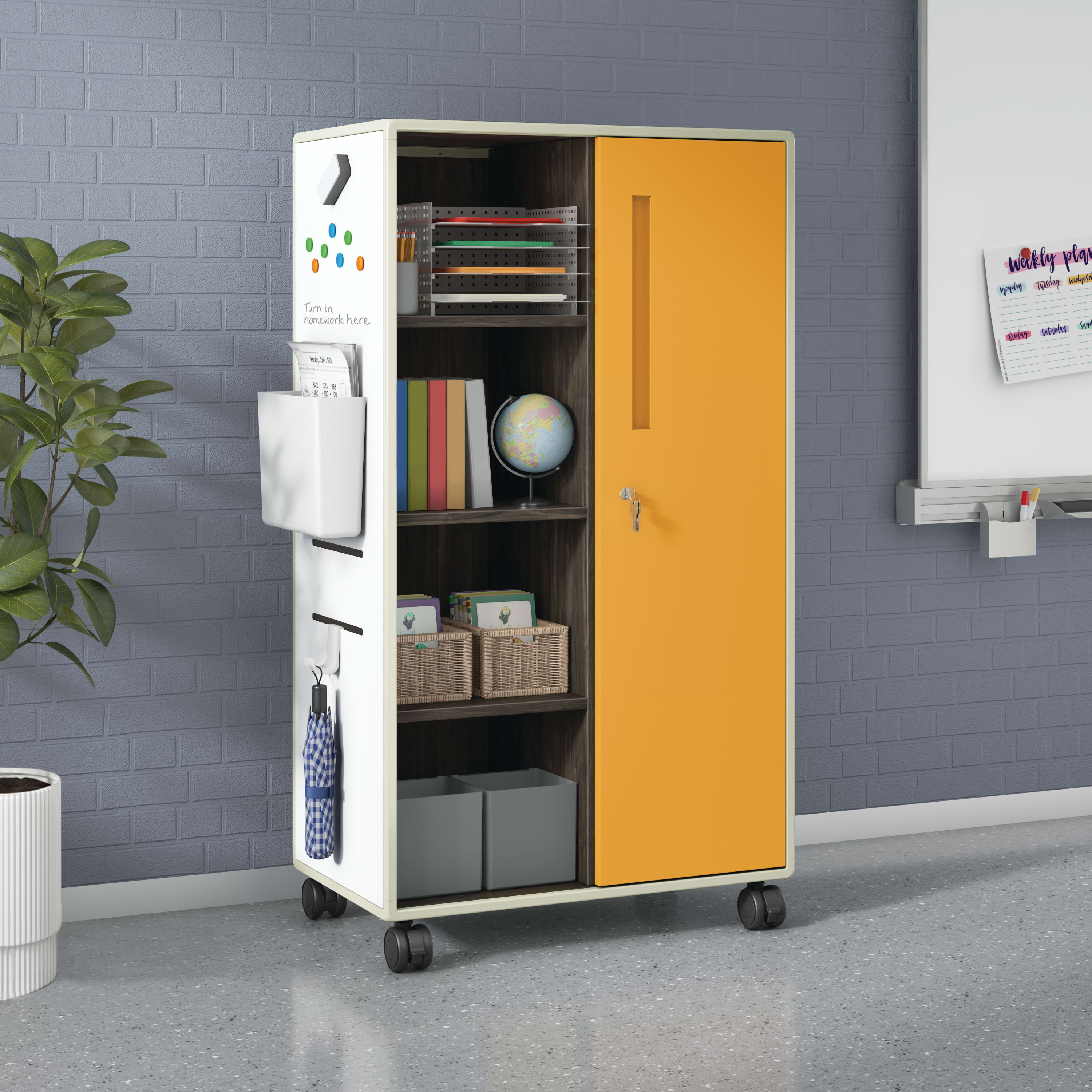 Mobile storage cabinet with orange locking door, open shelves, white side panel, and casters in classroom setting.
