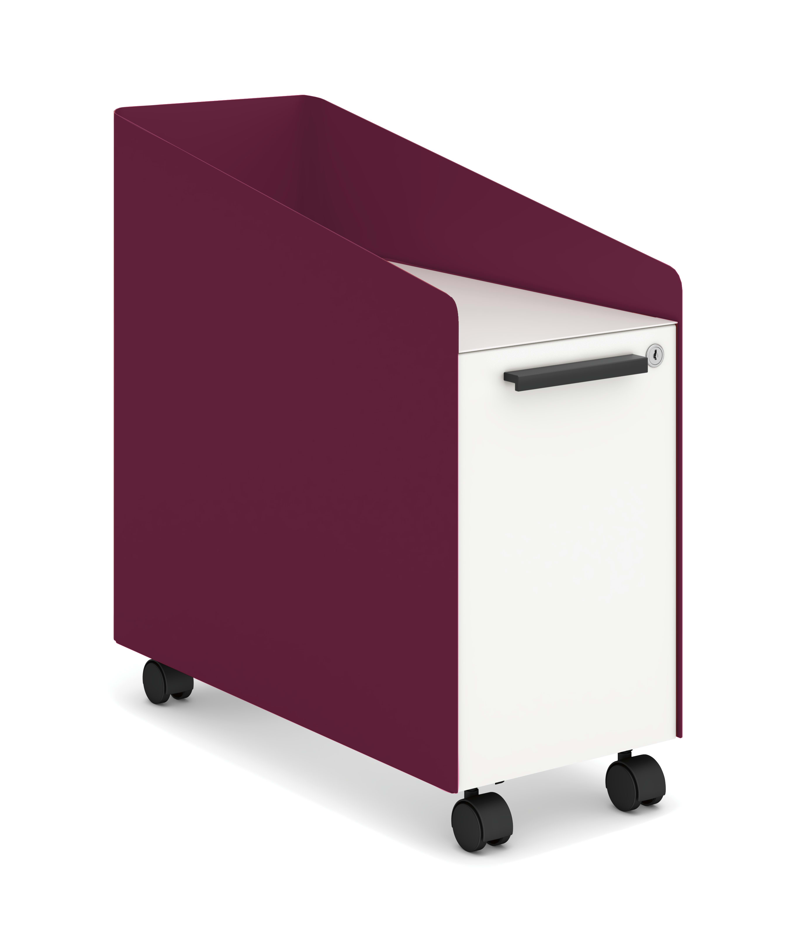 A burgundy-colored mobile filing cabinet with a white drawer and casters on the bottom.
