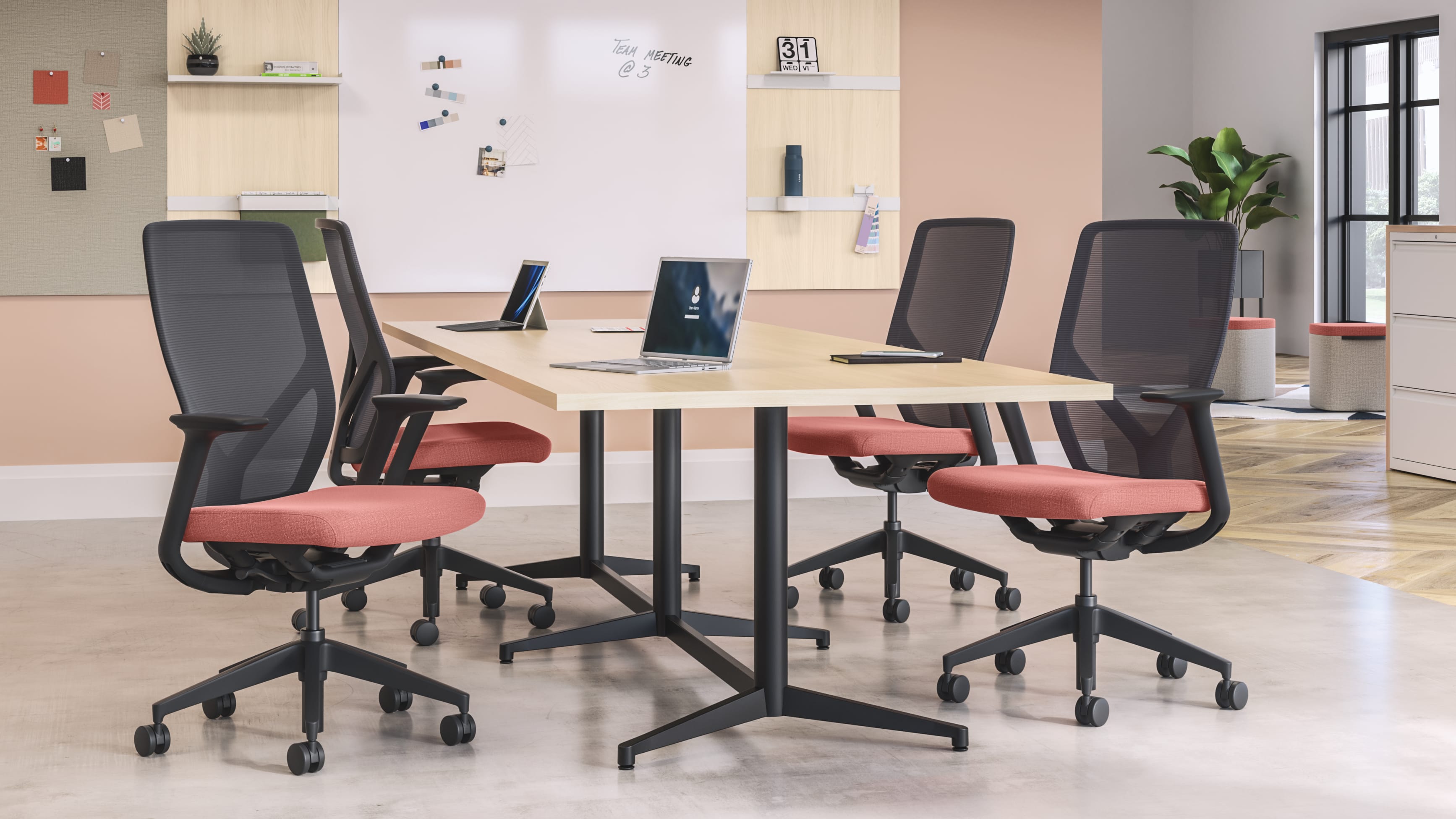 Preside conference table with Flexion task chairs and Workwall markerboard tile, fabric tile and laminate tiles.