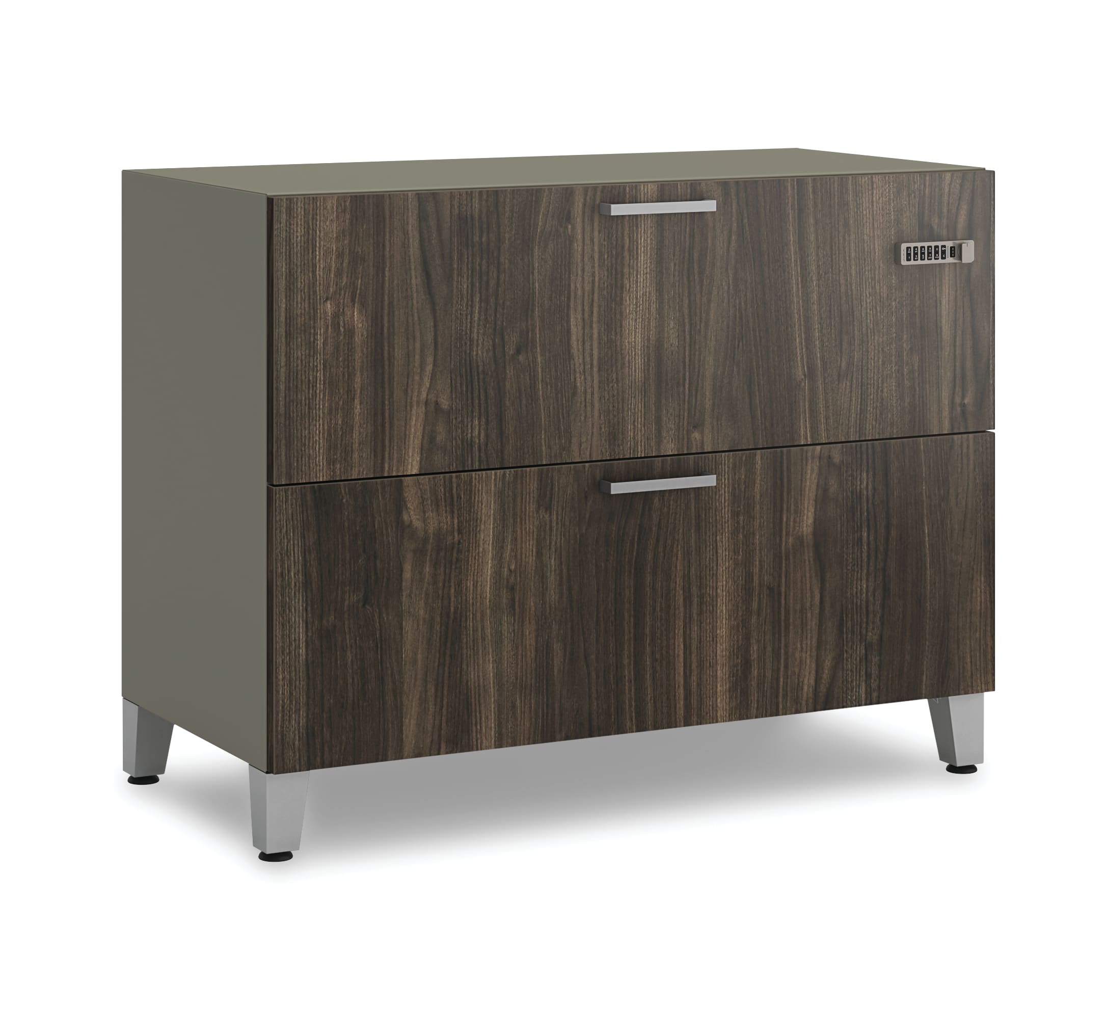 Contain lateral with woodgrain laminate drawer fronts on a white background