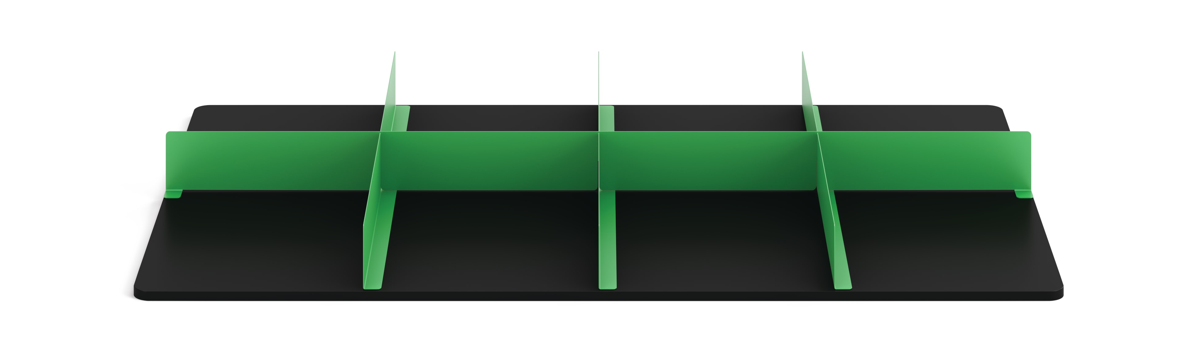 Front View of Black Makerspace Table Shelf with Green Shelf Dividers