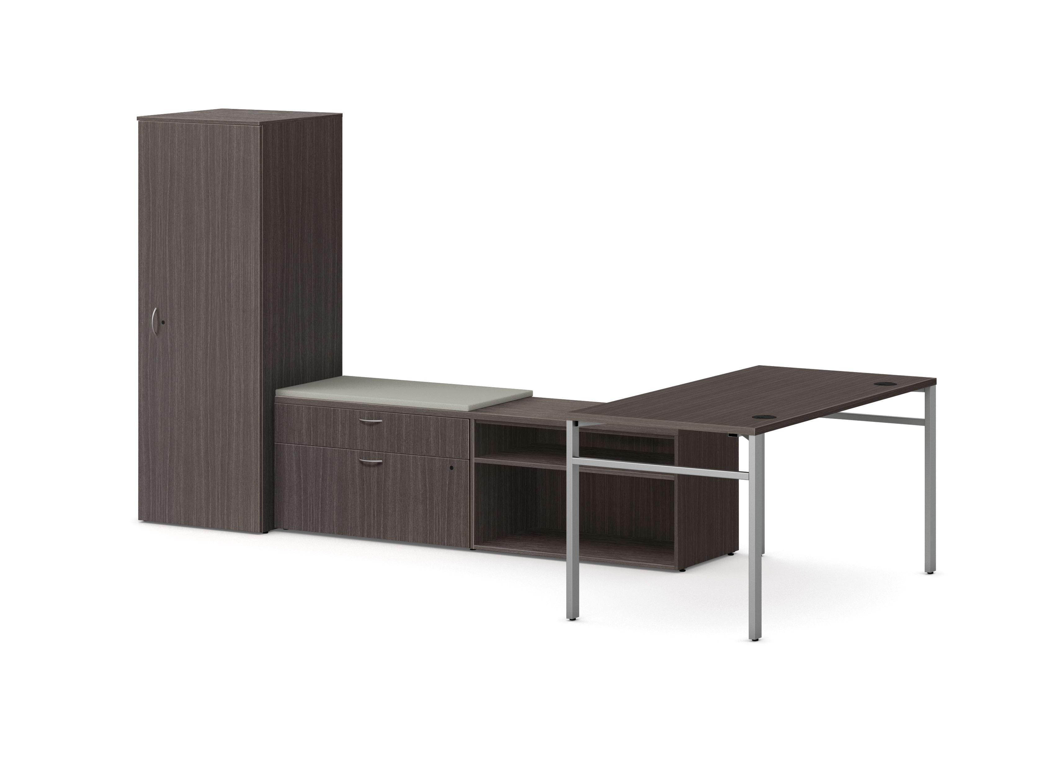 Mod L-Station Desk with Personal Storage Tower in Slate Teak with Silver Legs