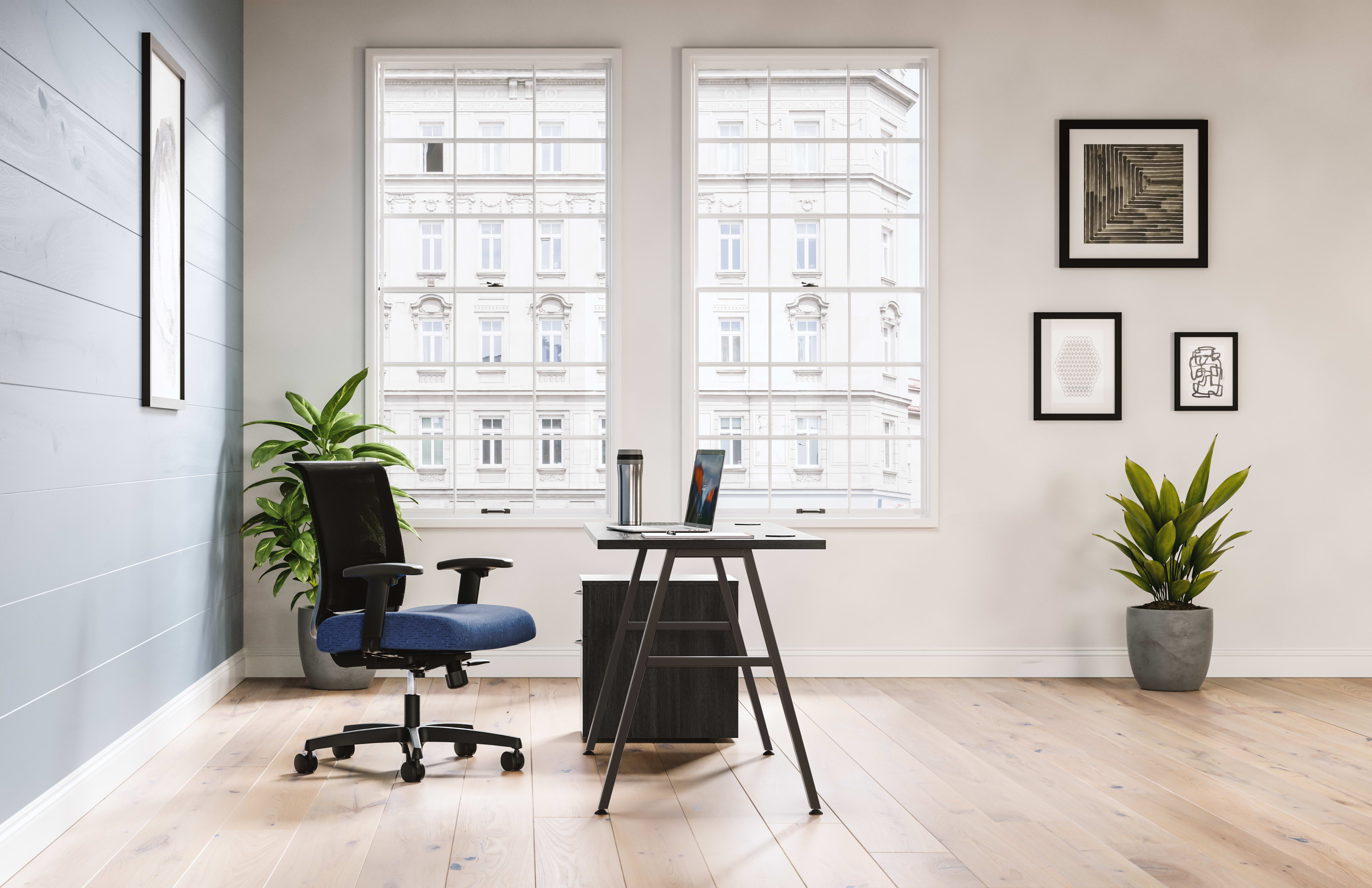 Mod Black a-leg desk in Java Oak laminate with Convergence task chair