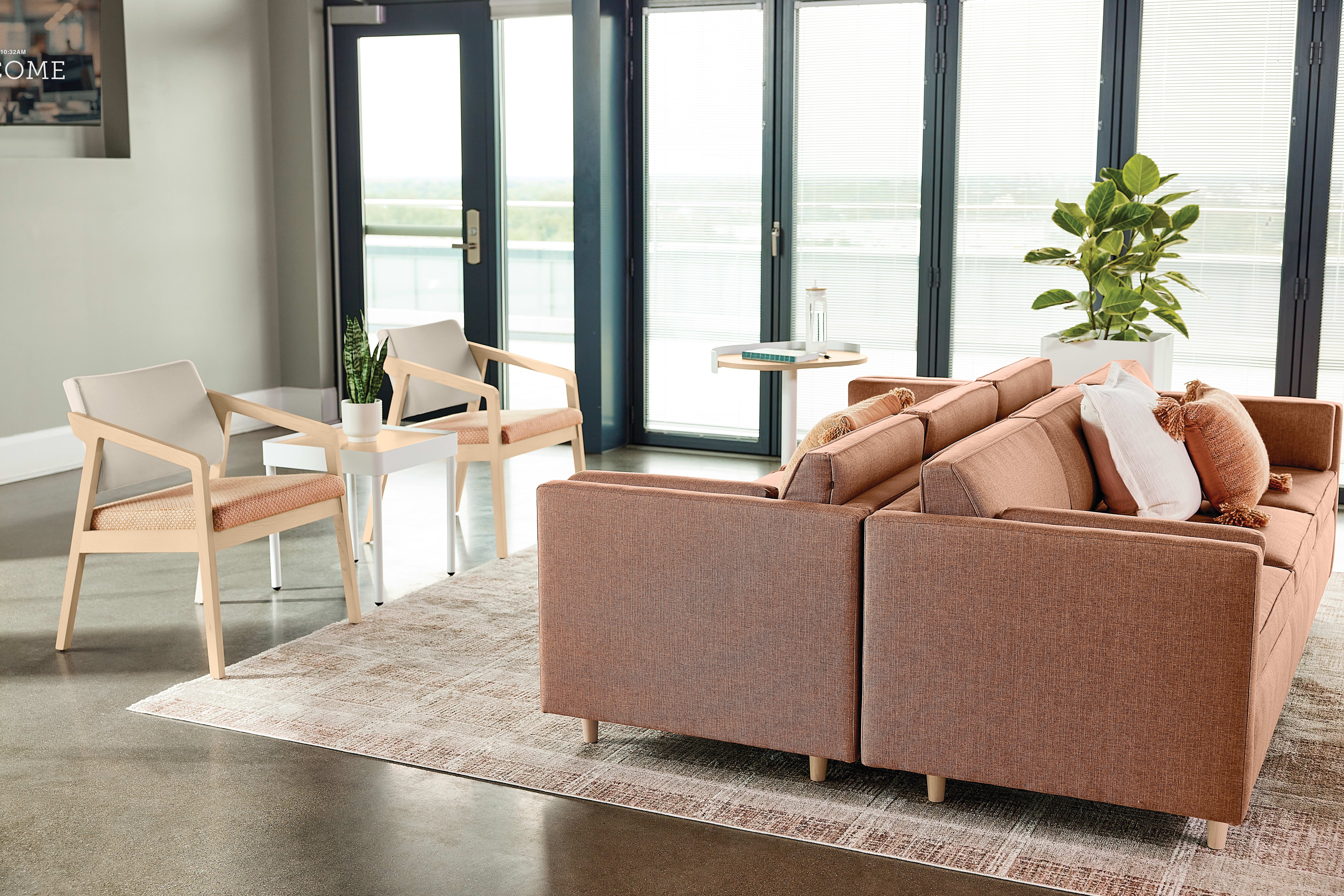 Confer chair with West Hill sofa and Sculpt tables 