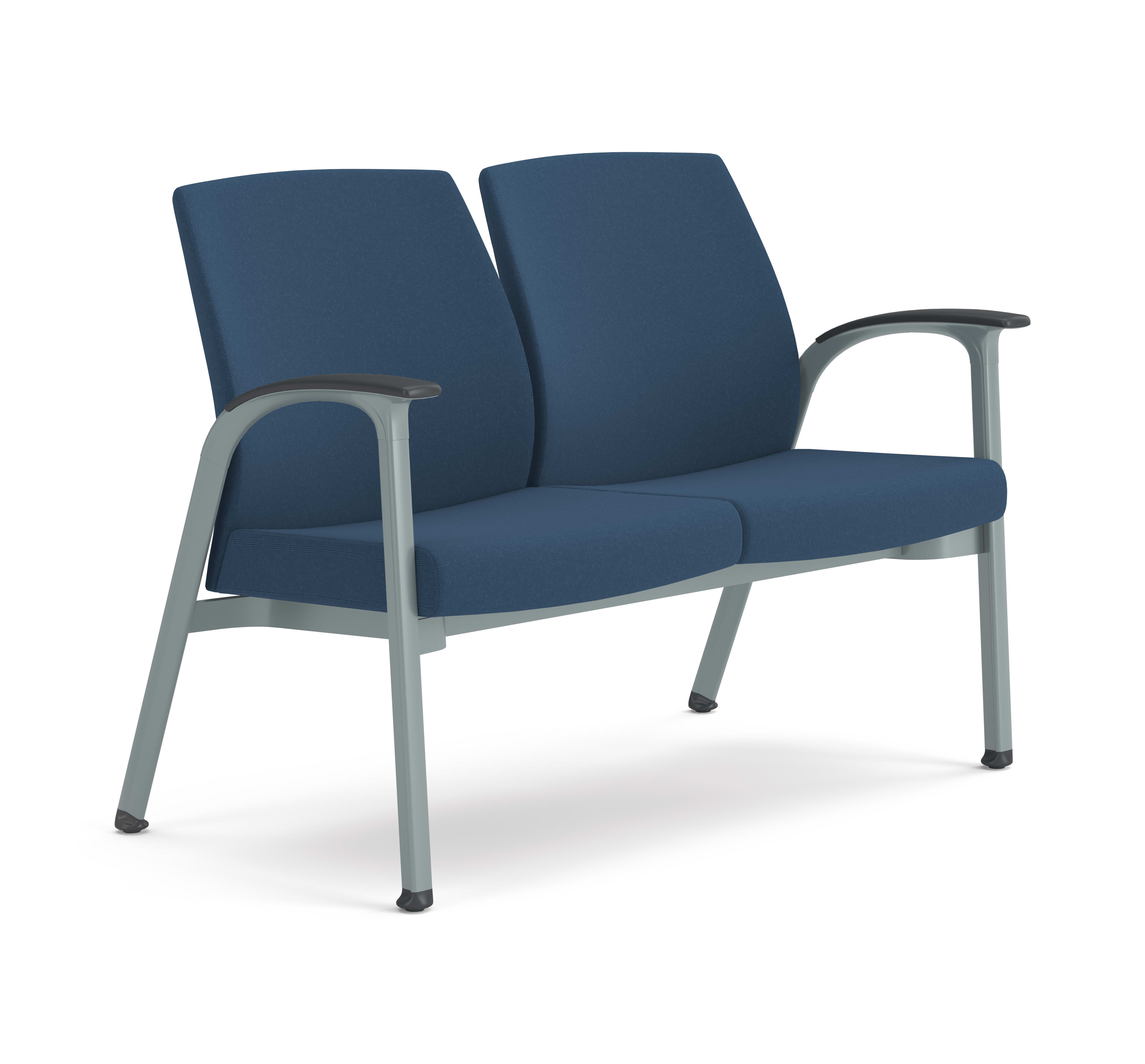 Two-seat guest chair with blue textured cushions, metal frame, and integrated armrests, designed for modern office or waiting areas.