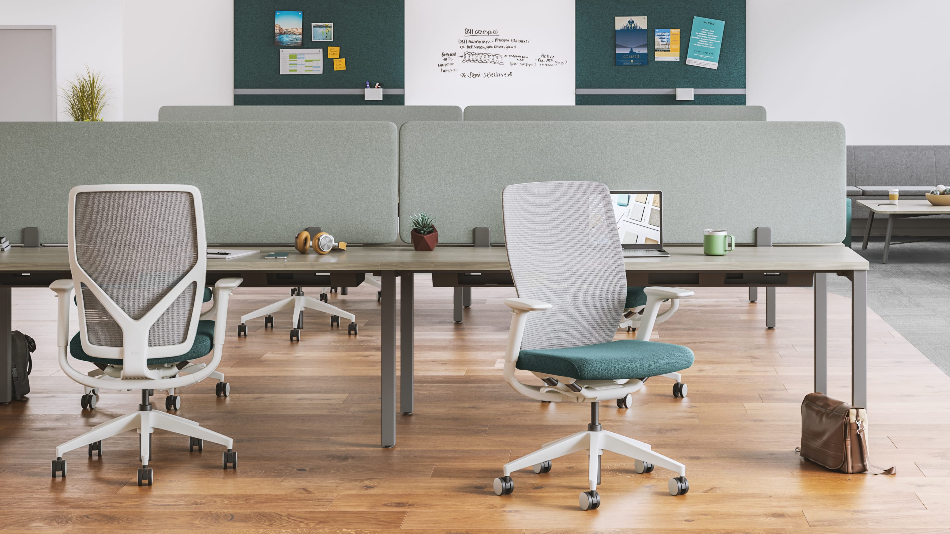 4-pack workstations with Flexion task seating and Workwall tiles on back wall.