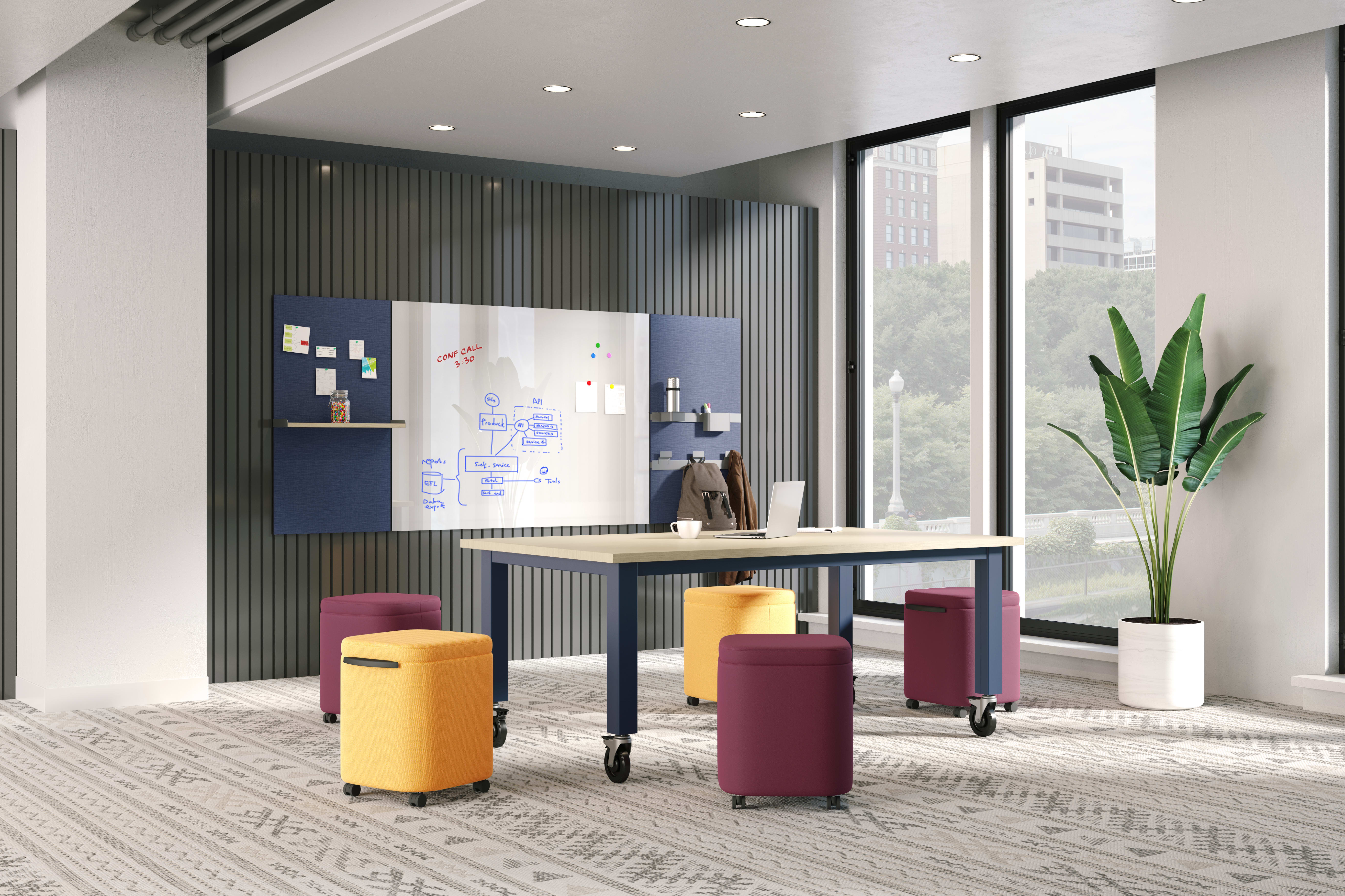 Preside table with Astir poufs with Workwall tiles in open collaborative setting