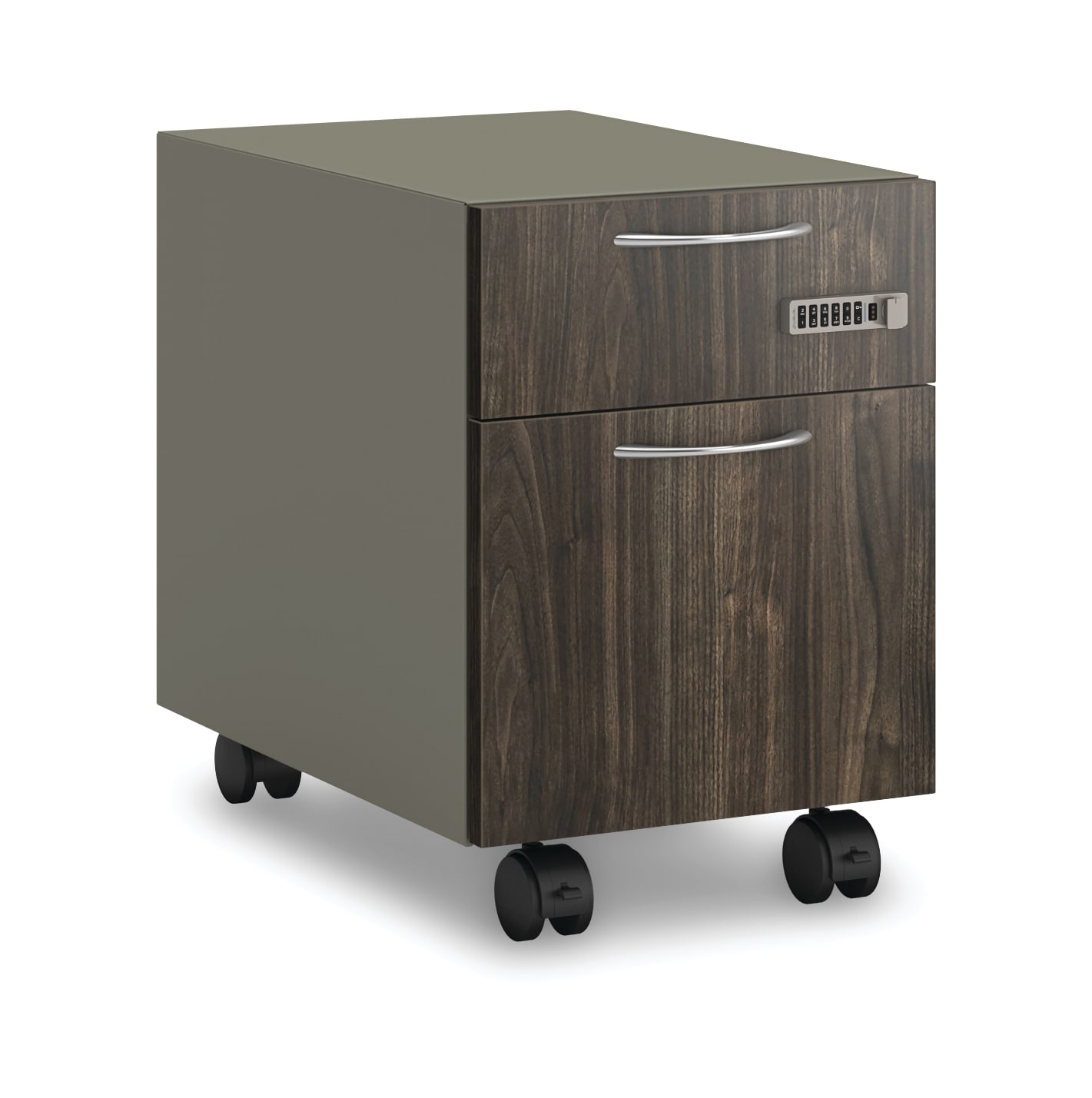 Contain pedestal with woodgrain laminate drawer fronts on a white background