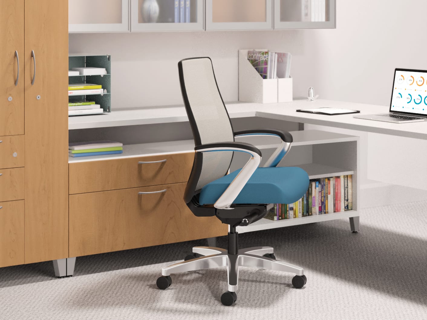A modern, minimalist office workspace with a comfortable-looking office chair, shelves filled with books and documents, and a laptop on the desk.