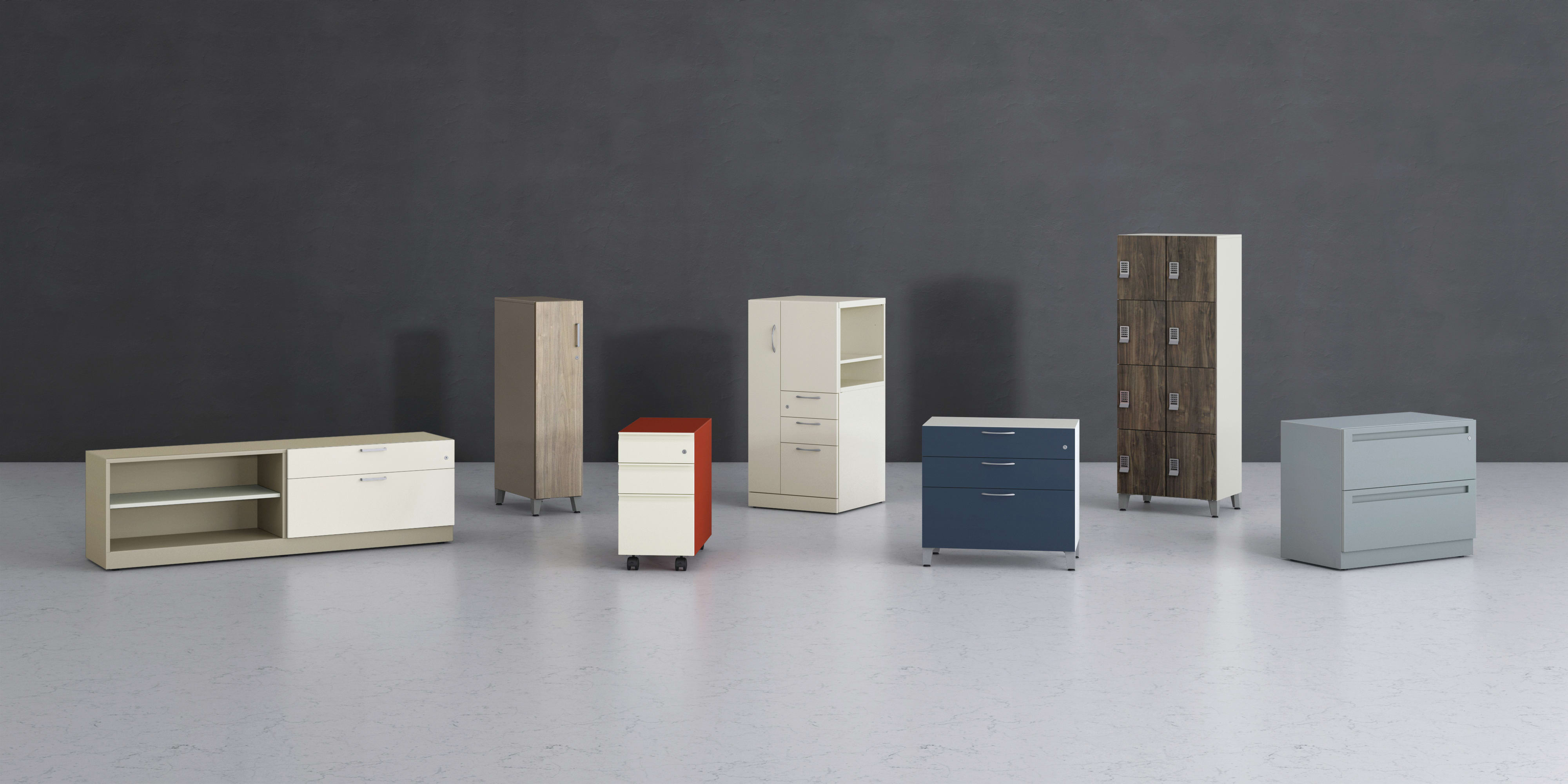 Contain Low Credenza with Contain Wardrobe Tower, Contain Mobile Pedestal, Contain Side Access Tower, Contain Personal File,  Contain Cubby Lockers, and Contain Drawer Lateral.