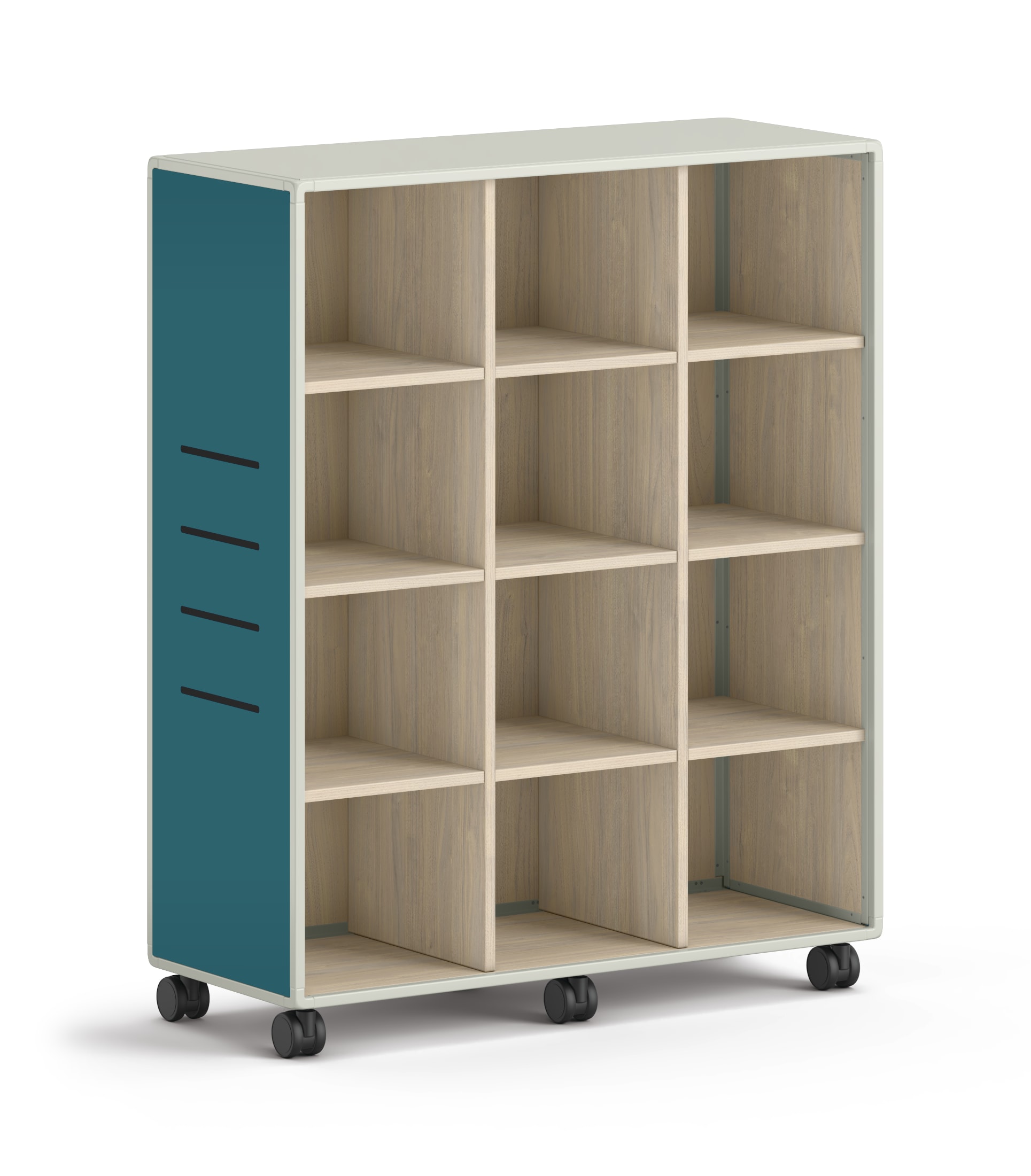 Tall mobile storage unit with twelve square cubbies and teal side panels.