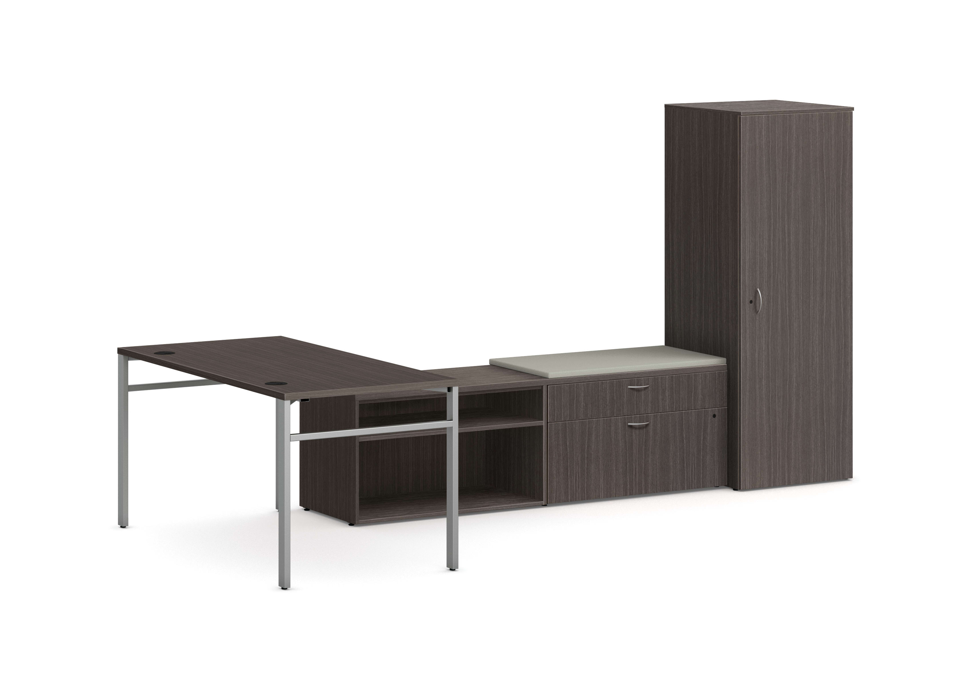 Mod L-Station Desk with Personal Storage Tower in Slate Teak with Silver Legs