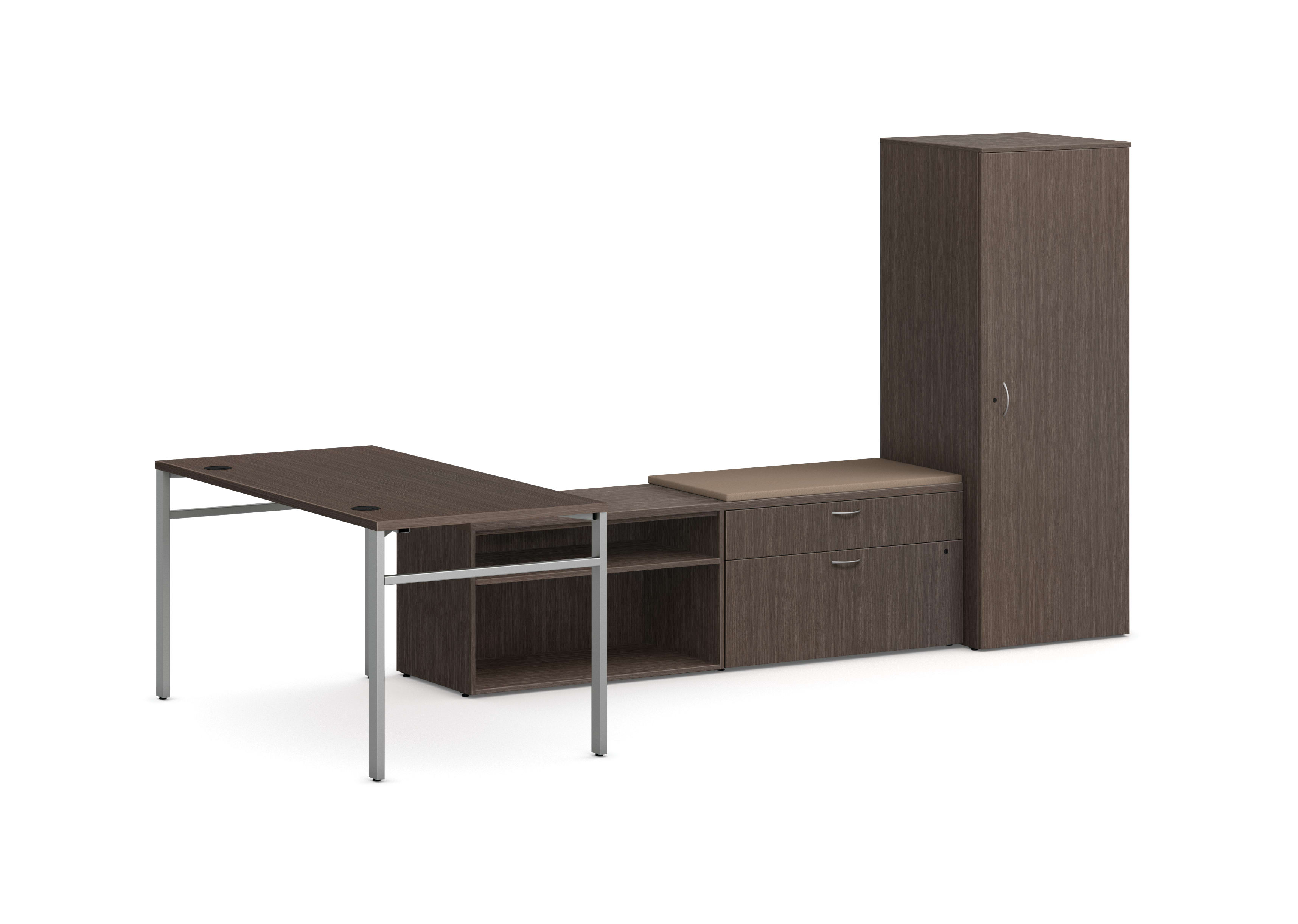 Mod L-Station Desk with Personal Storage Tower in Slate Teak with Silver Legs