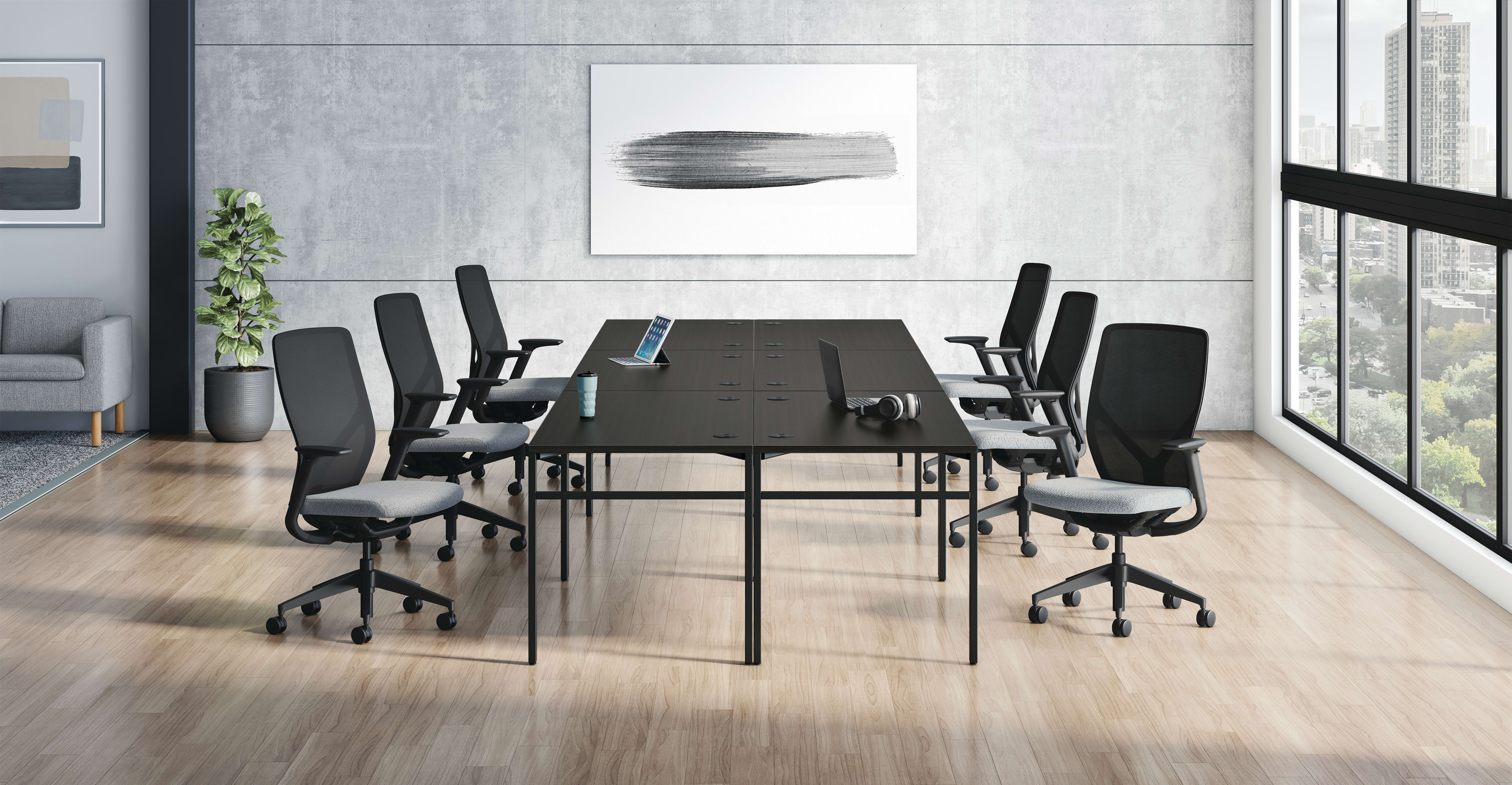 Mod Worksurface and U-Leg, Flexion Task Chair, Parkwyn Sofa