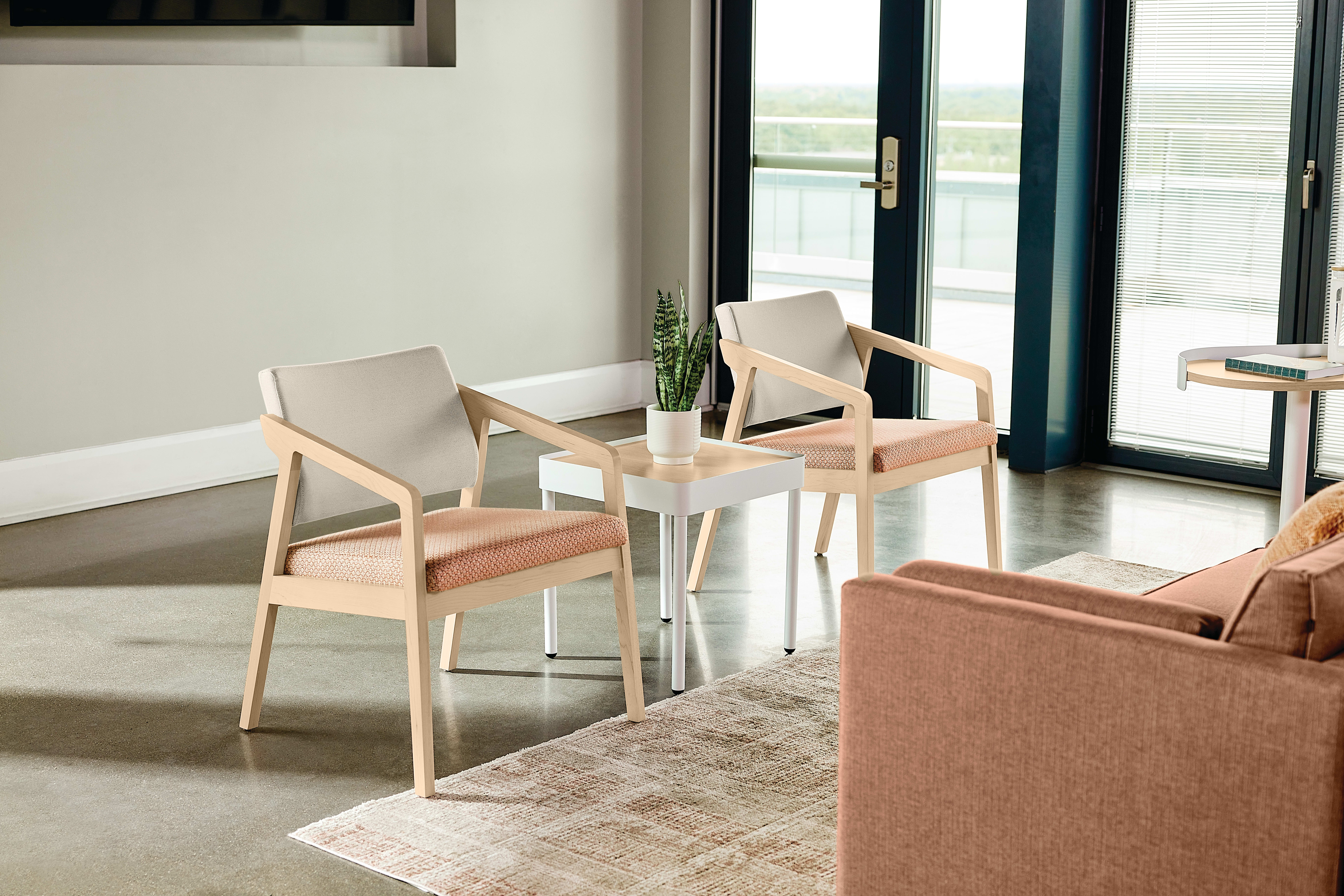Confer chair with West Hill sofa and Sculpt tables