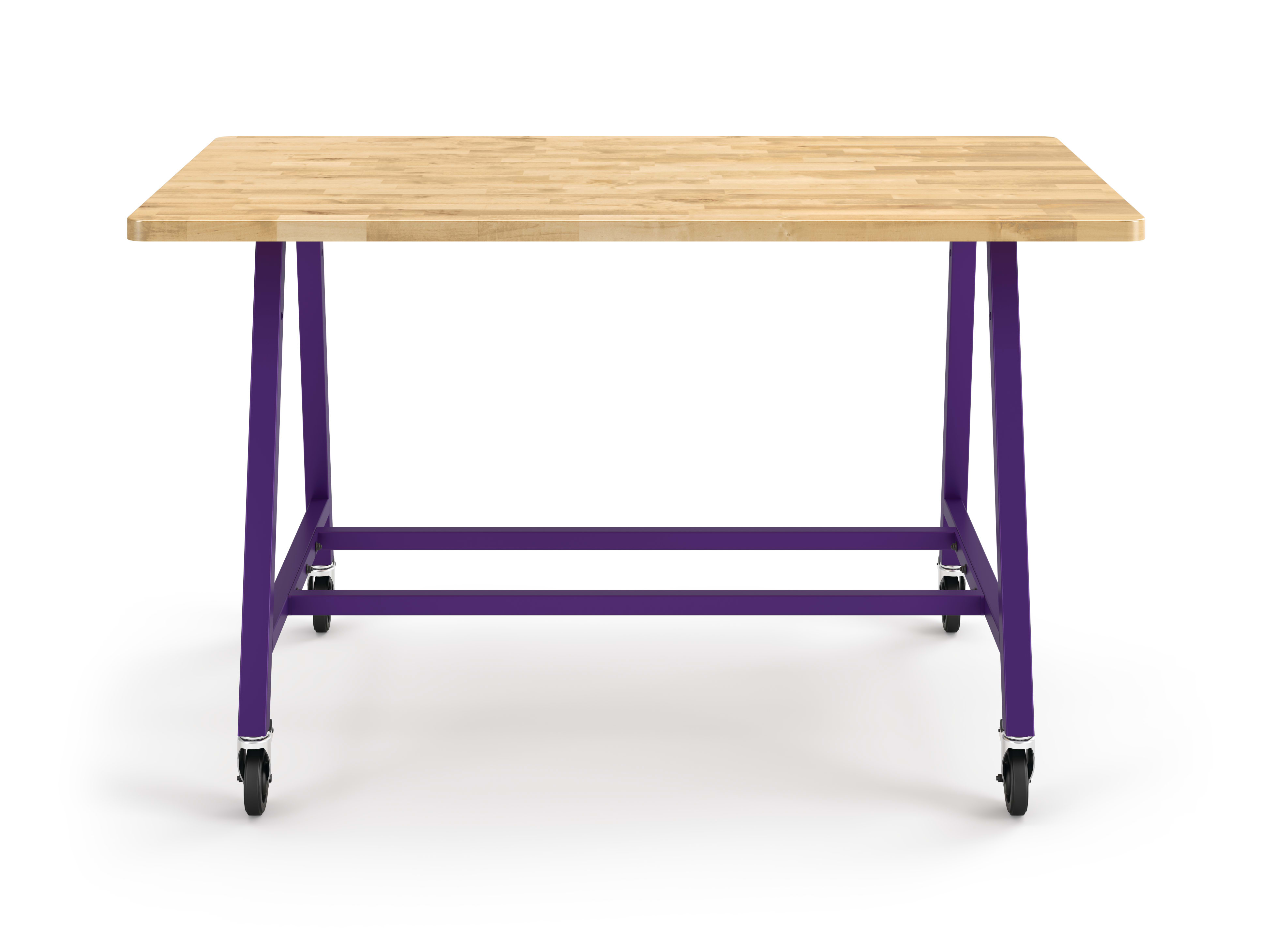 Front View of Butcher Block Standing-Height Build Table with Purple Legs