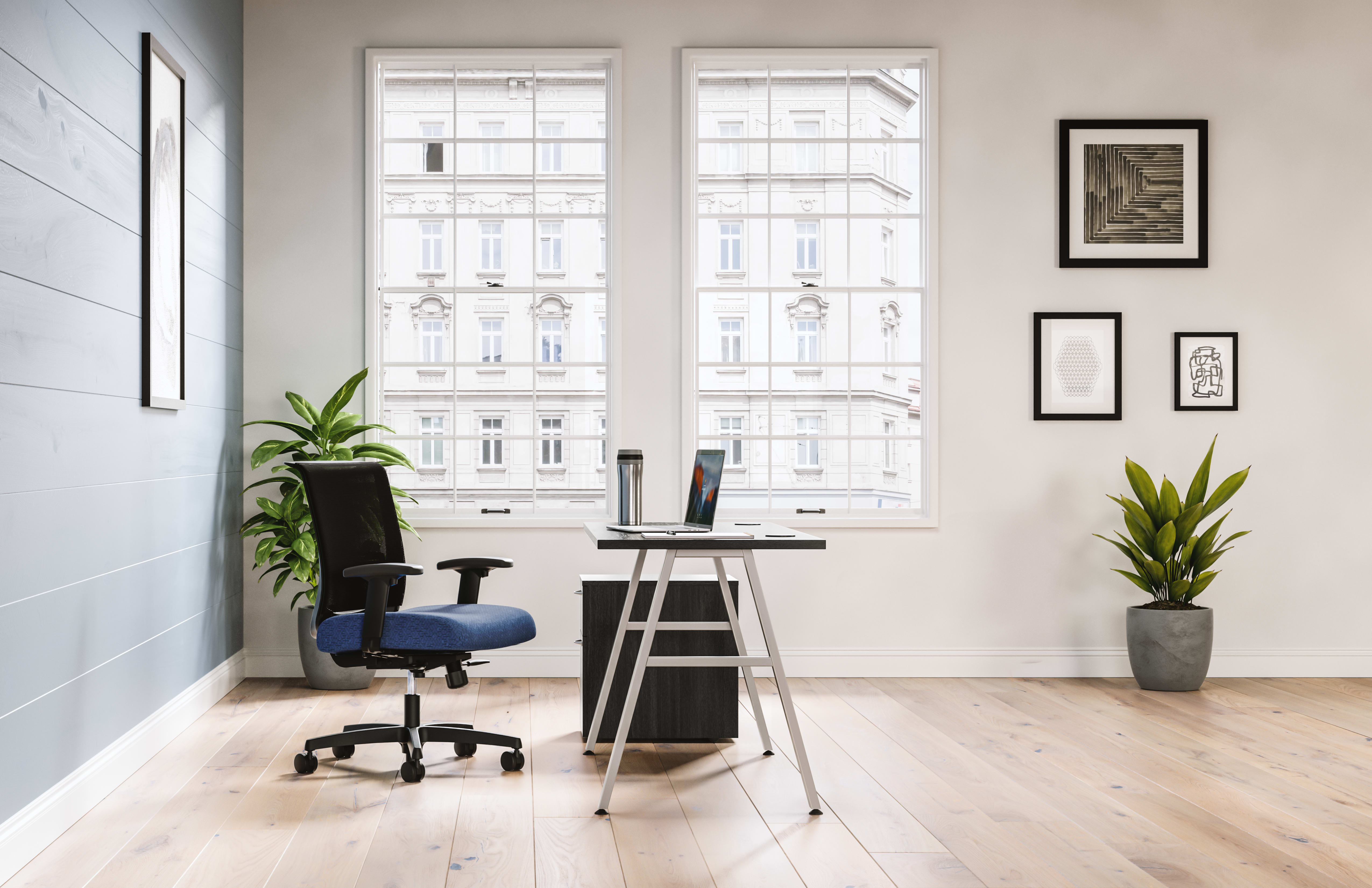 Mod Silver a-leg desk in Java Oak laminate with Convergence task chair