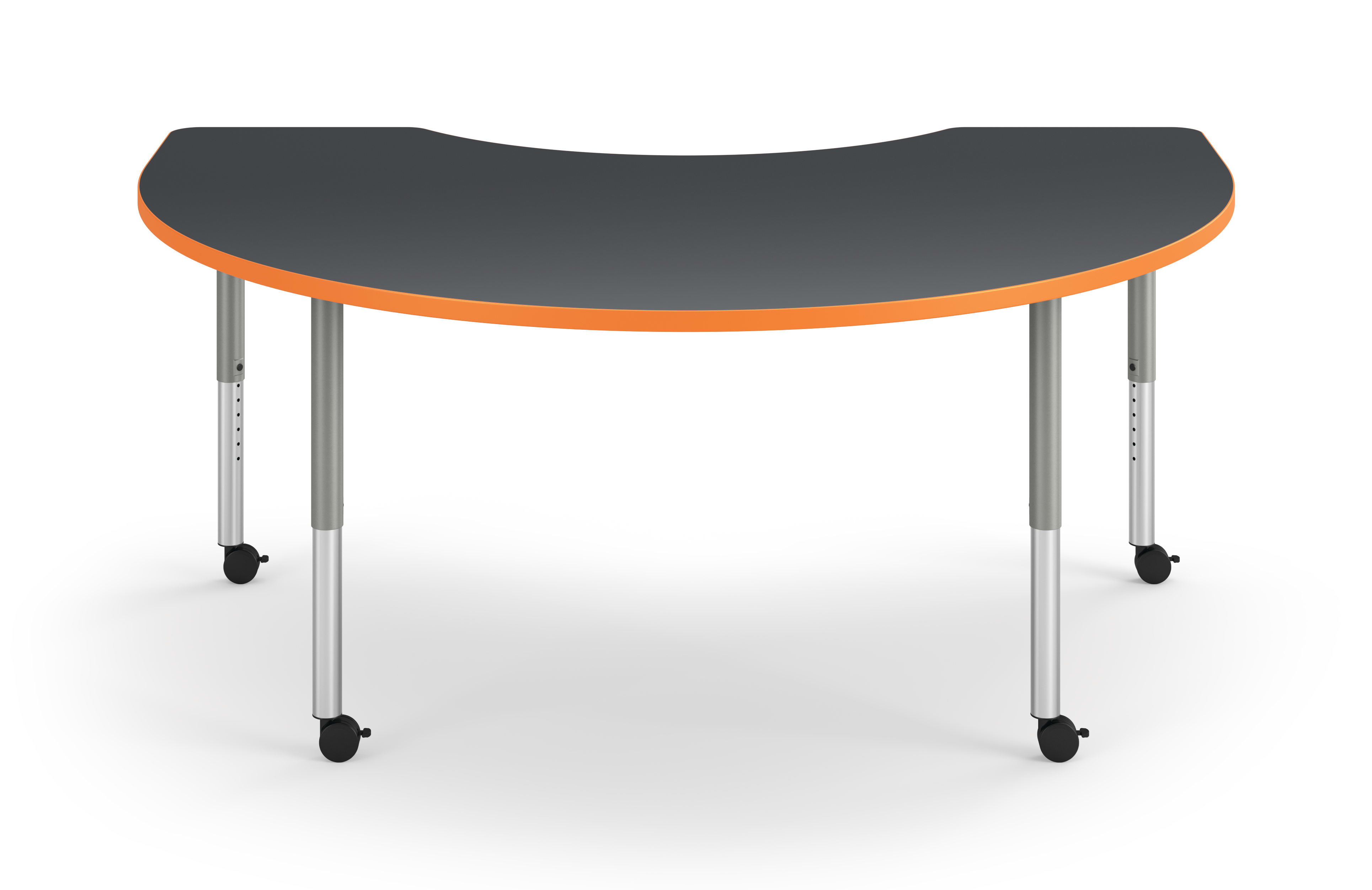 Front View of Charcoal Arc Build Table with Orange Edge Band