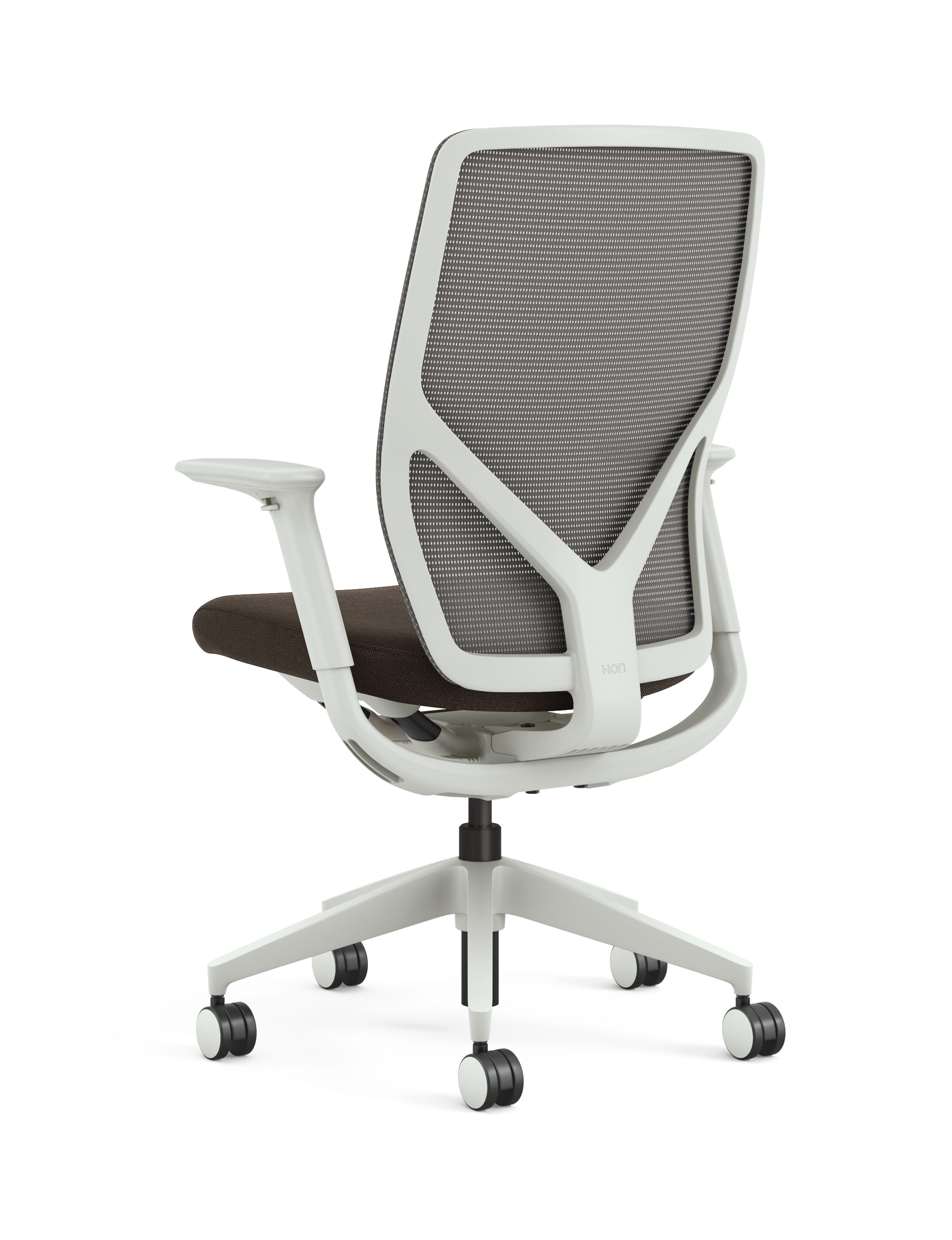 Back 3/4 view of HON Flexion chair with Brown seat fabric and Salt frame.