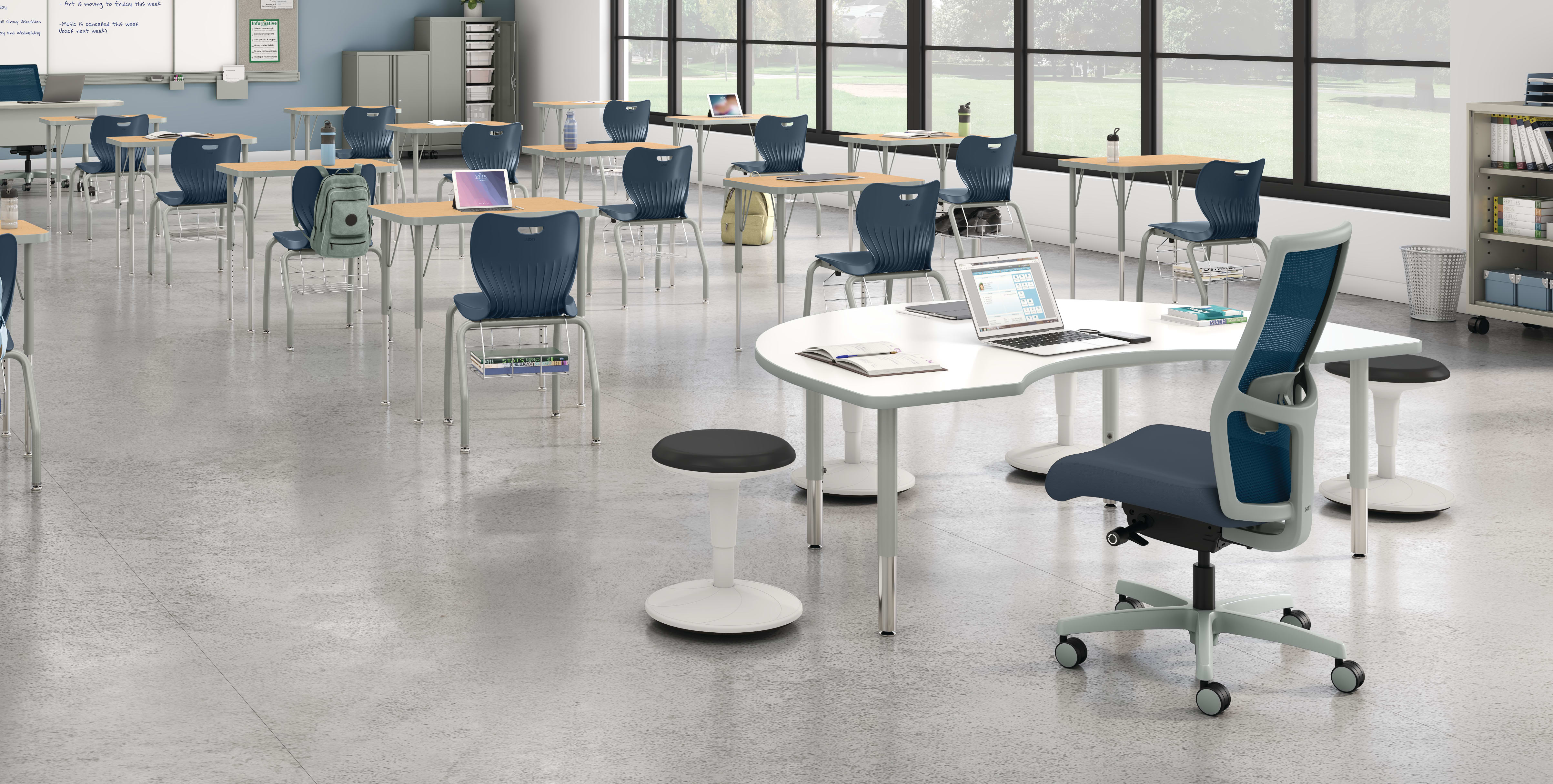 Classroom set up with Ignition 2.0 task chair with Spectrum Mesh, Build student desk and SmartLink Mobile Cabinet Storage