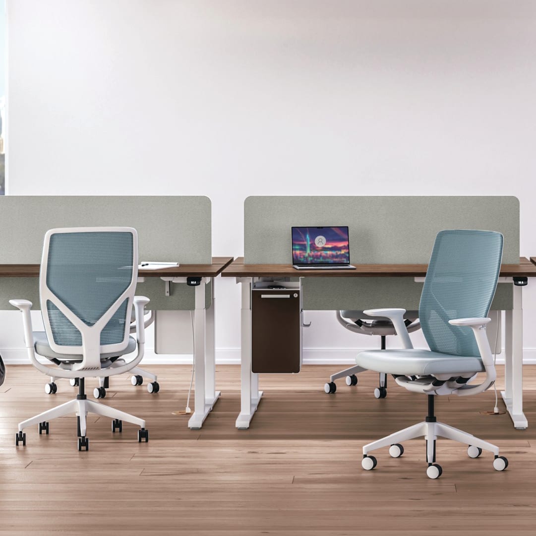Row of 2 height adjustable workstations with Flexion task seating.