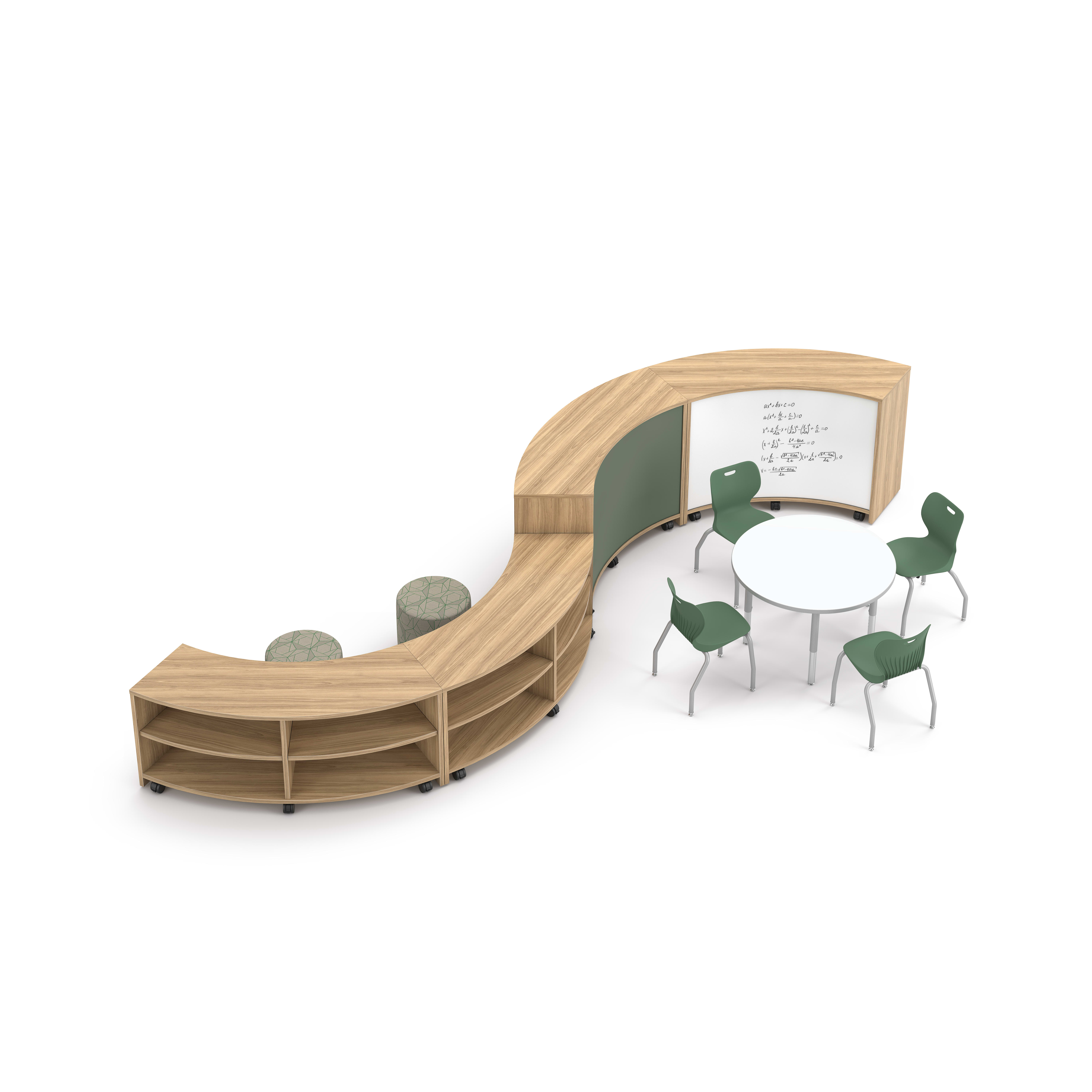 Storyline Curved Bookcases with Flock Seating. Build Table with green SmartLink Chairs