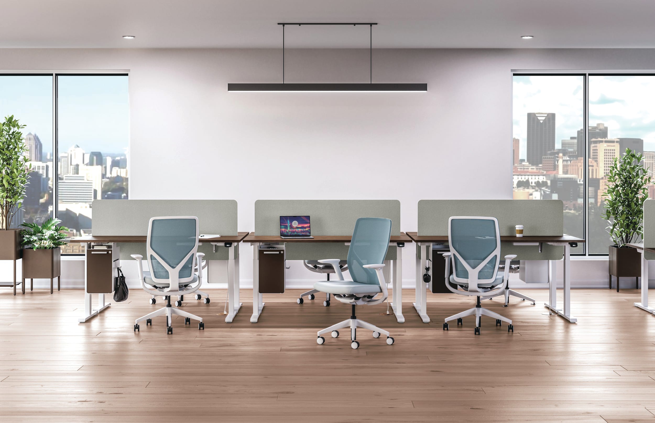 Row of 2 height adjustable workstations with Flexion task seating.