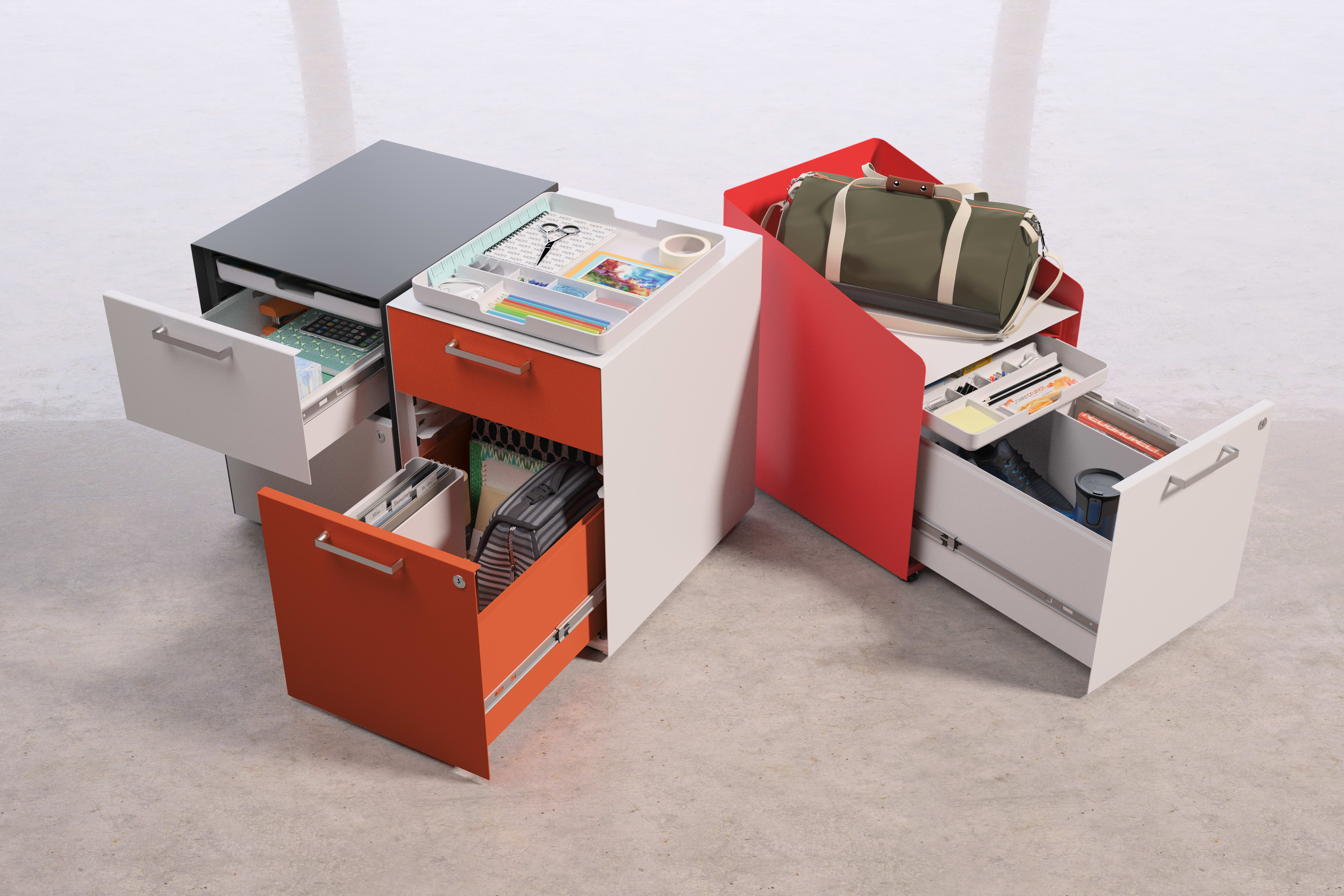 The image depicts various office storage and organization items, including a filing cabinet, drawers, and a red suitcase, all arranged on a light-colored floor.