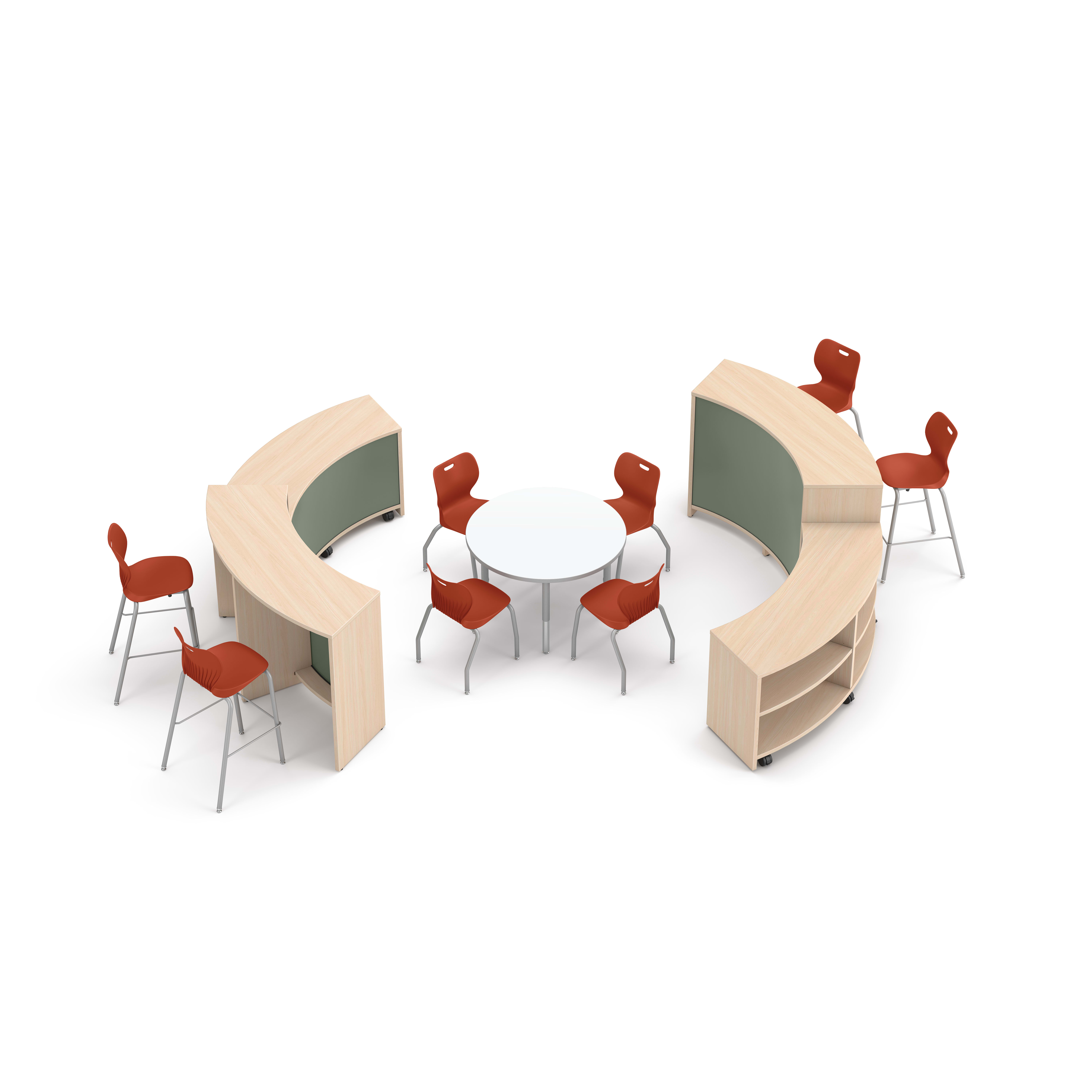 Storyline Curved Bookcases and Bistro Tables with SmartLink Seating