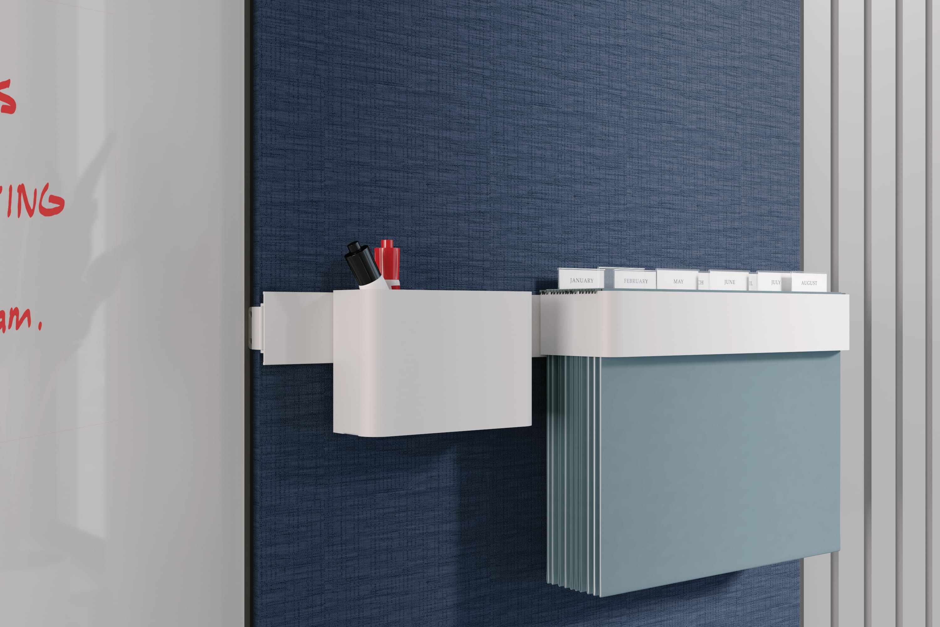 Workwall bin and file folder hanging on a tool rail.