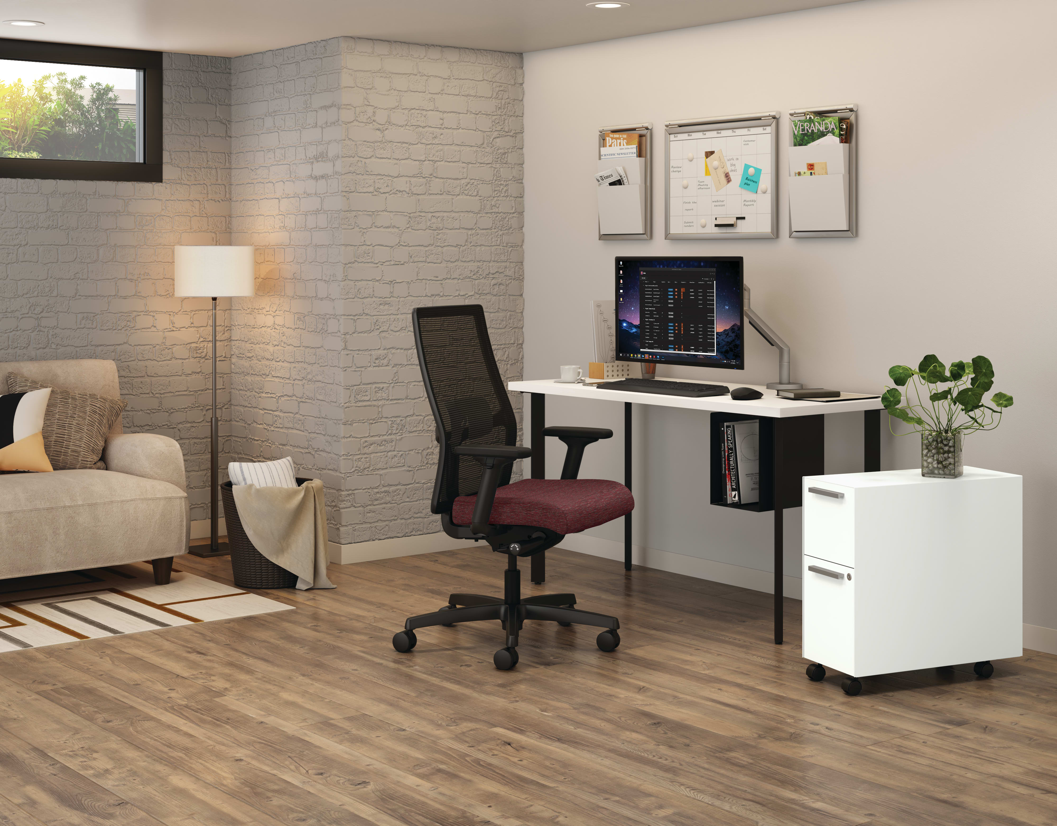 Coze Table Desk with U-Storage, Fuse Slim Mobile Pedestal and Ignition Task Chair.