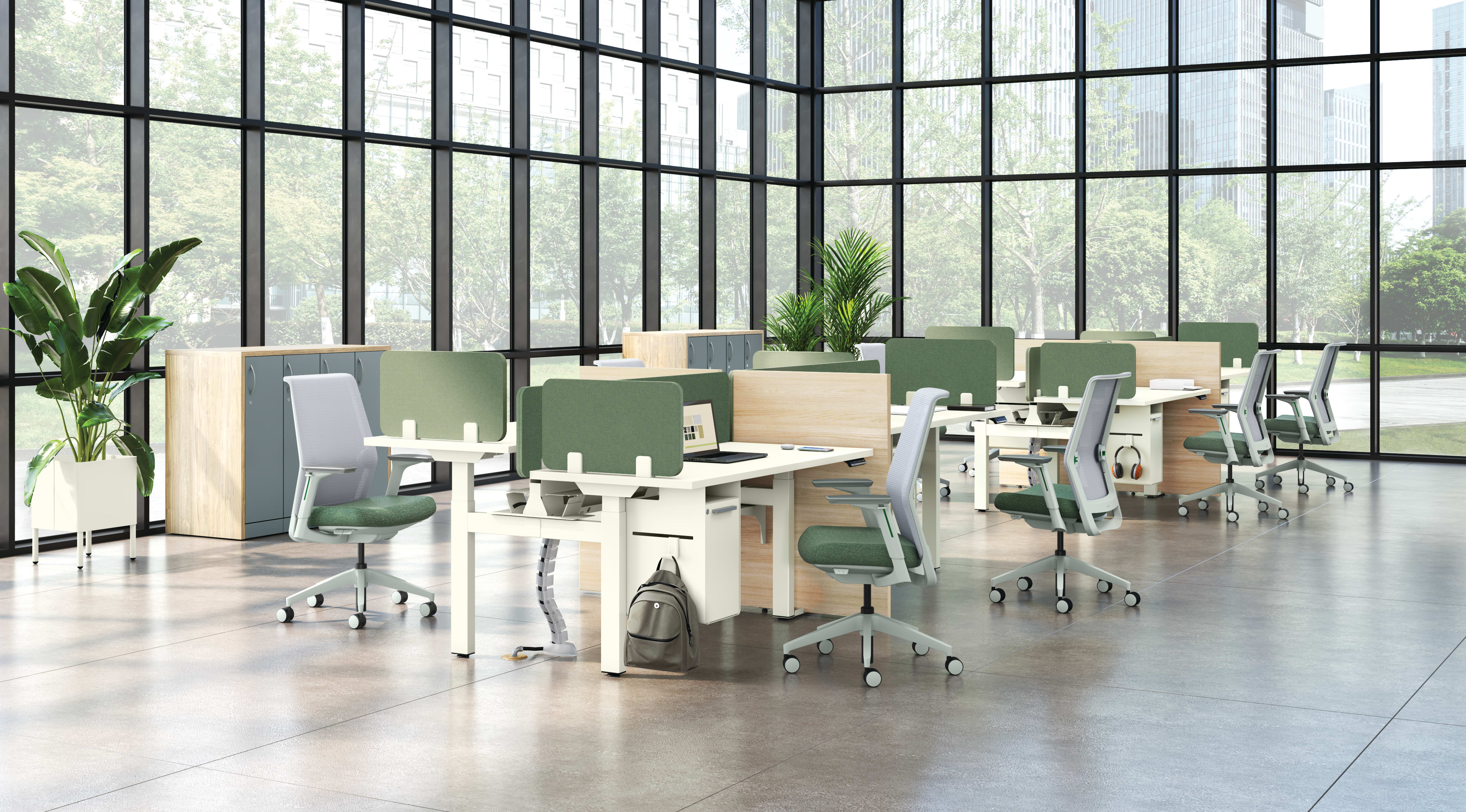 A modern, open-plan office space with large windows overlooking greenery, featuring rows of desks and chairs in a minimalist, neutral color palette.