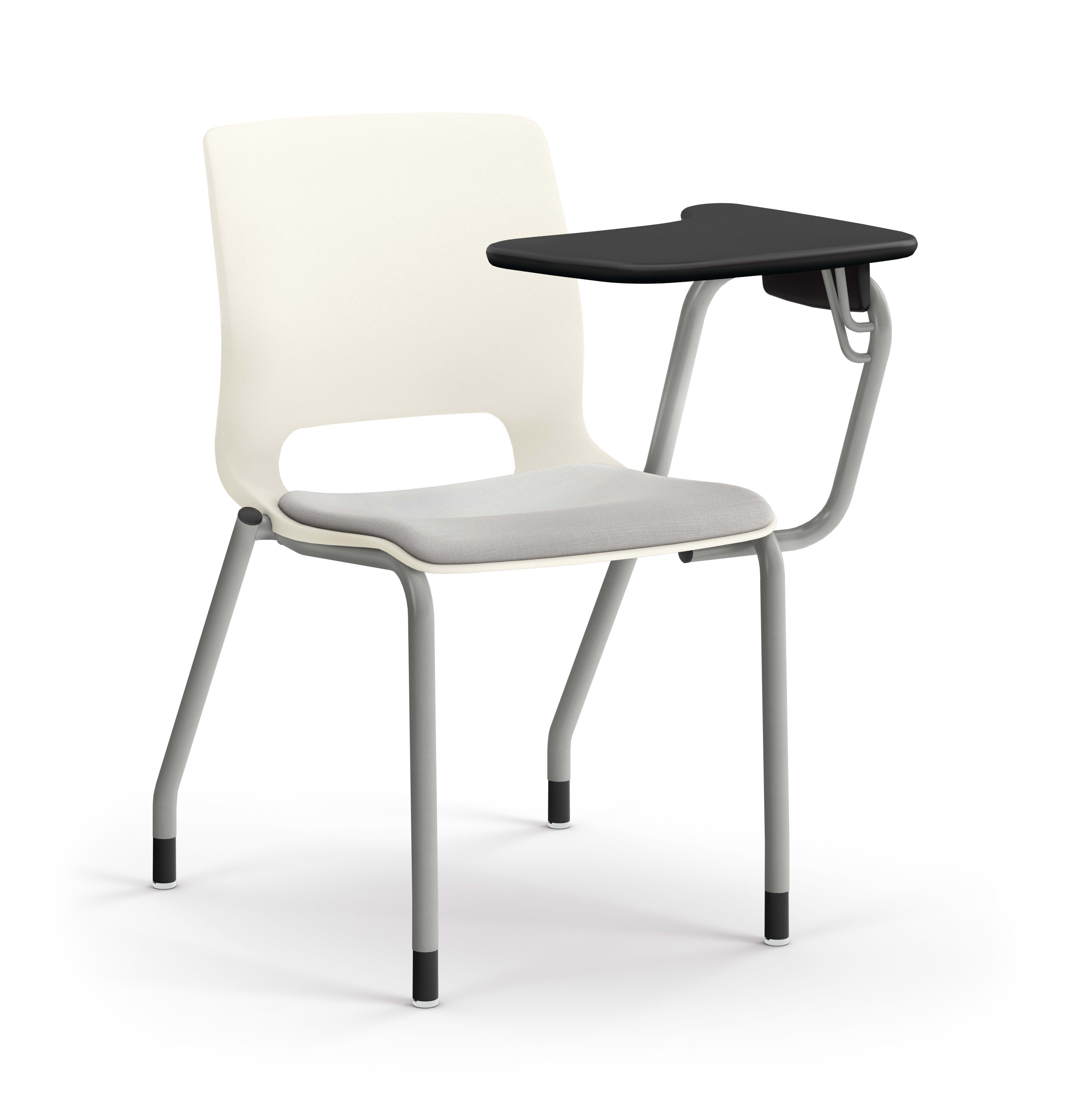 Modern classroom chair with attached writing tablet, metal frame, and cushioned seat.