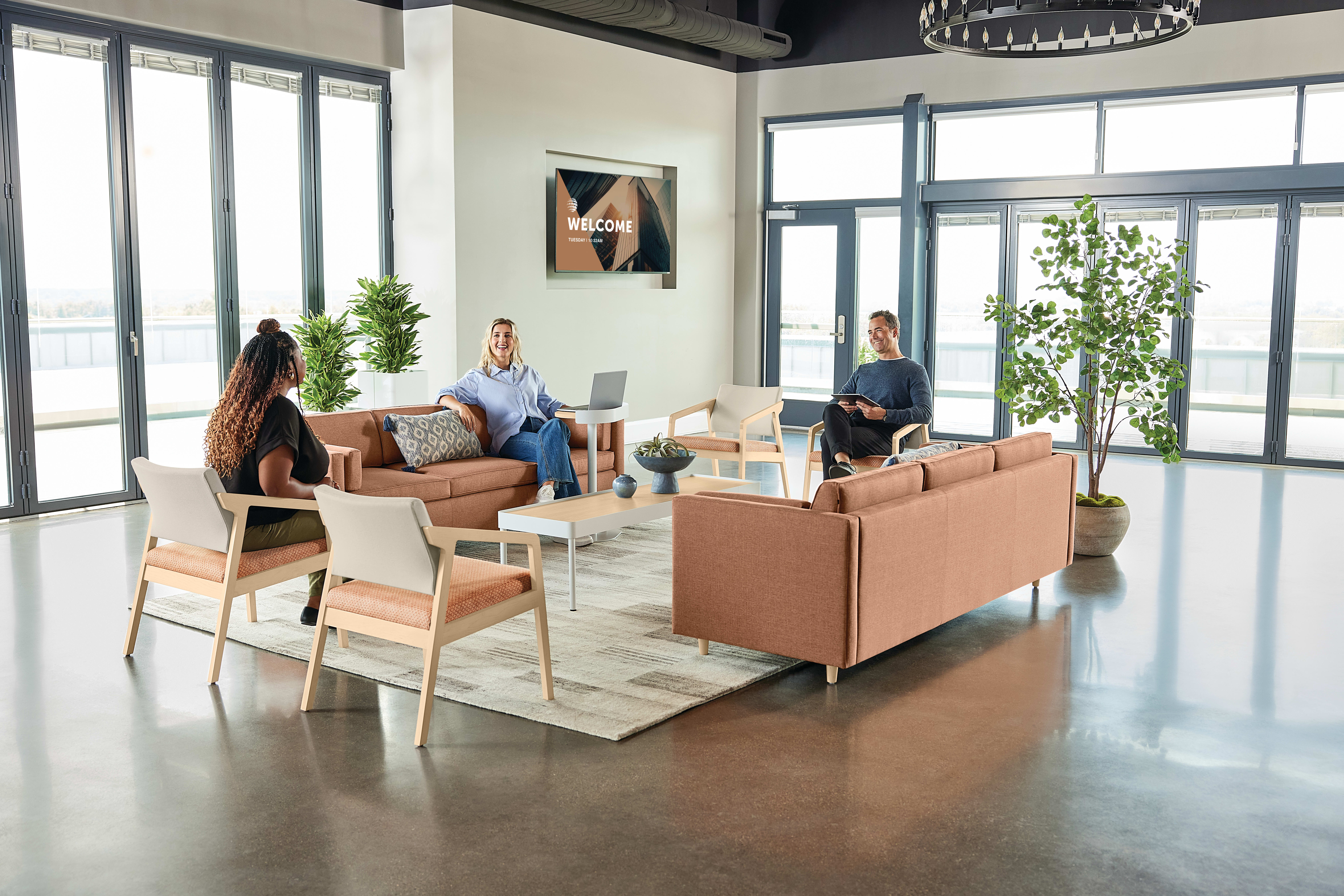Confer chair with West Hill sofas and Sculpt tables 