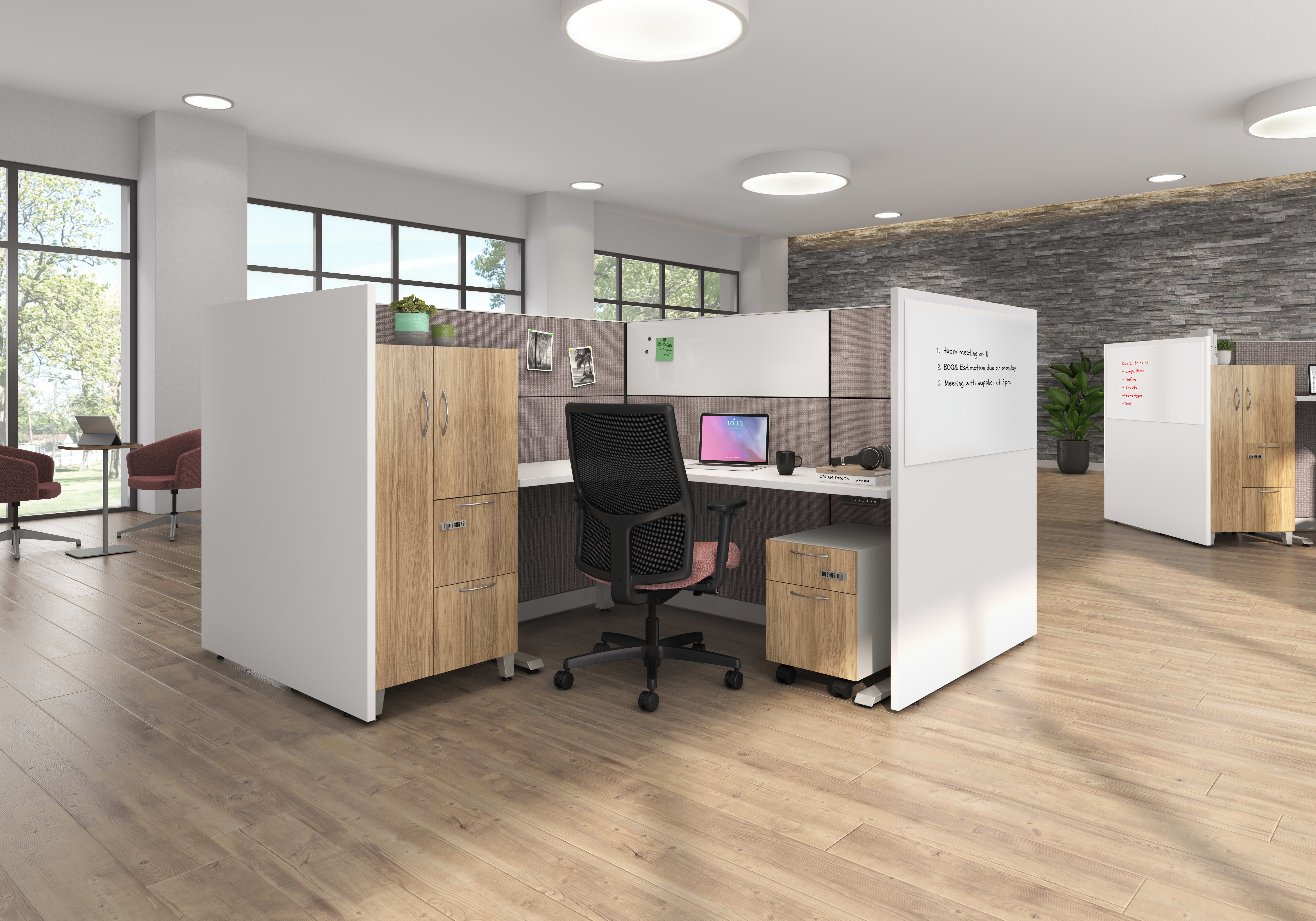 Abound workstation with Gallery Panels, and Contain storage with digital locks.