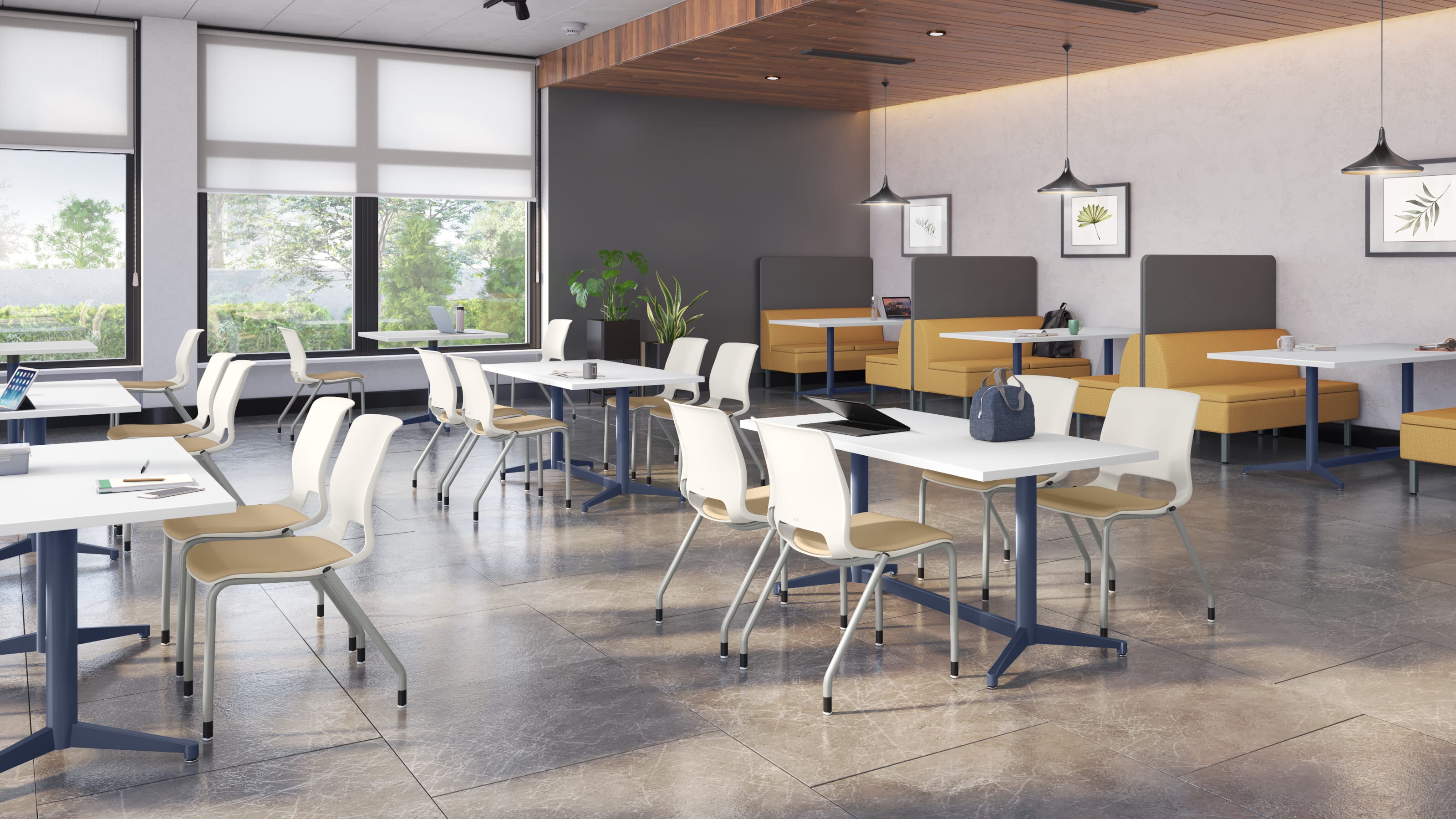 A modern and minimalist cafe or dining area with white tables, chairs, and benches, along with wooden accents on the ceiling and walls, and large windows providing natural light.