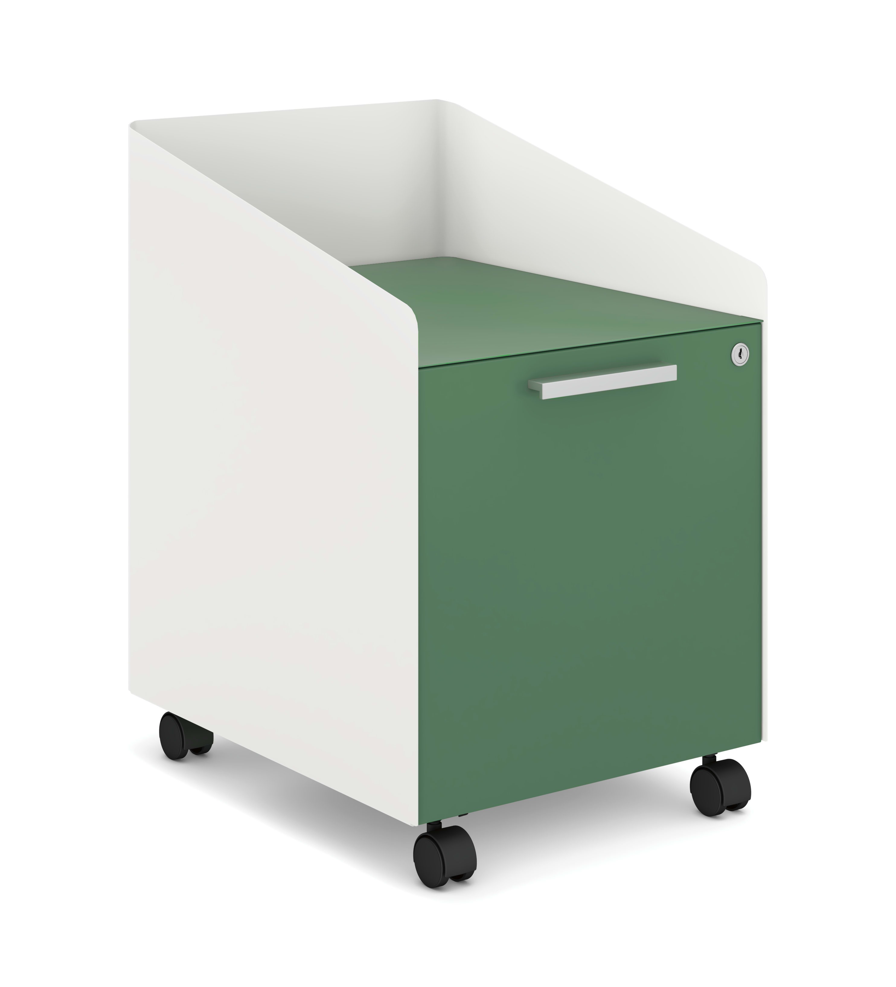 A white storage unit with a green drawer on casters.